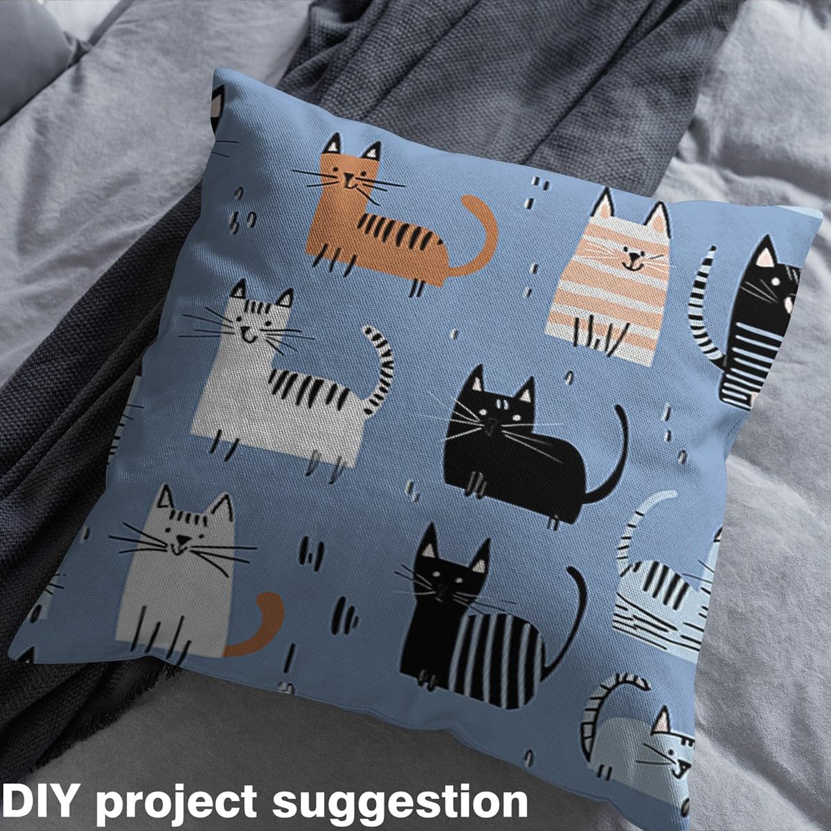 Cute Cat Fabric By The Yard, Cartoon Animal Upholstery Fabric, Kawaii Cats Pet Decorative Fabric, Cat Lover Indoor Outdoor Fabric, Geometric Stripes DIY Art Waterproof Fabric, Blue Black, 2 Yards