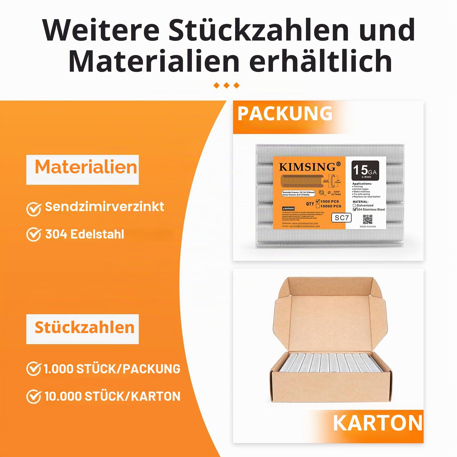 Kimsing SC7 15 Gauge 3/4 '' Krone 304SS C Ring Büroklammern C-Rings Hog Rings Hog Ring Metallklammern 304 Edelstahl Metall Clips Clips C-Ringpistole Befestigung Zubehör