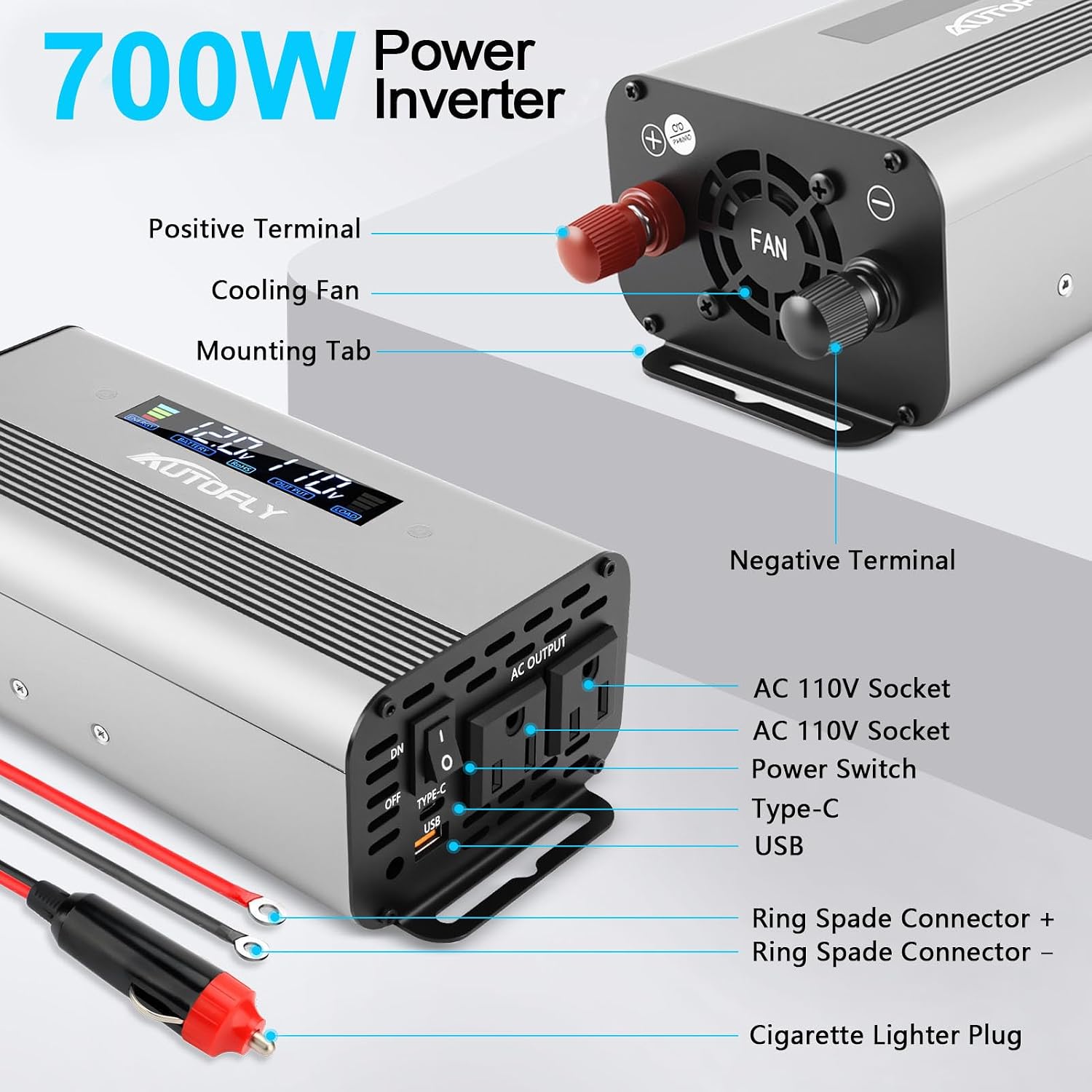700W Pure Sine Wave Power Inverter DC 12V / 24V to AC 110V(2 Outlets), 1200 Watt Peak Power, Car Charger Plug Inverter Adapter Converter with Type-C & USB Charging Ports LCD Smart Screen
