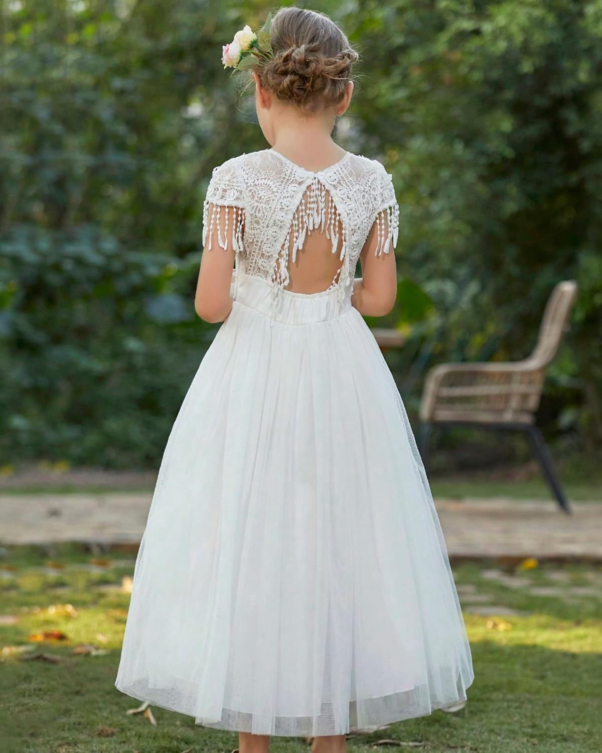 BIBIHOU Girls Kids Lace Backless Formal Wedding Full-Length Tulle Flower Girl Dress for Girl