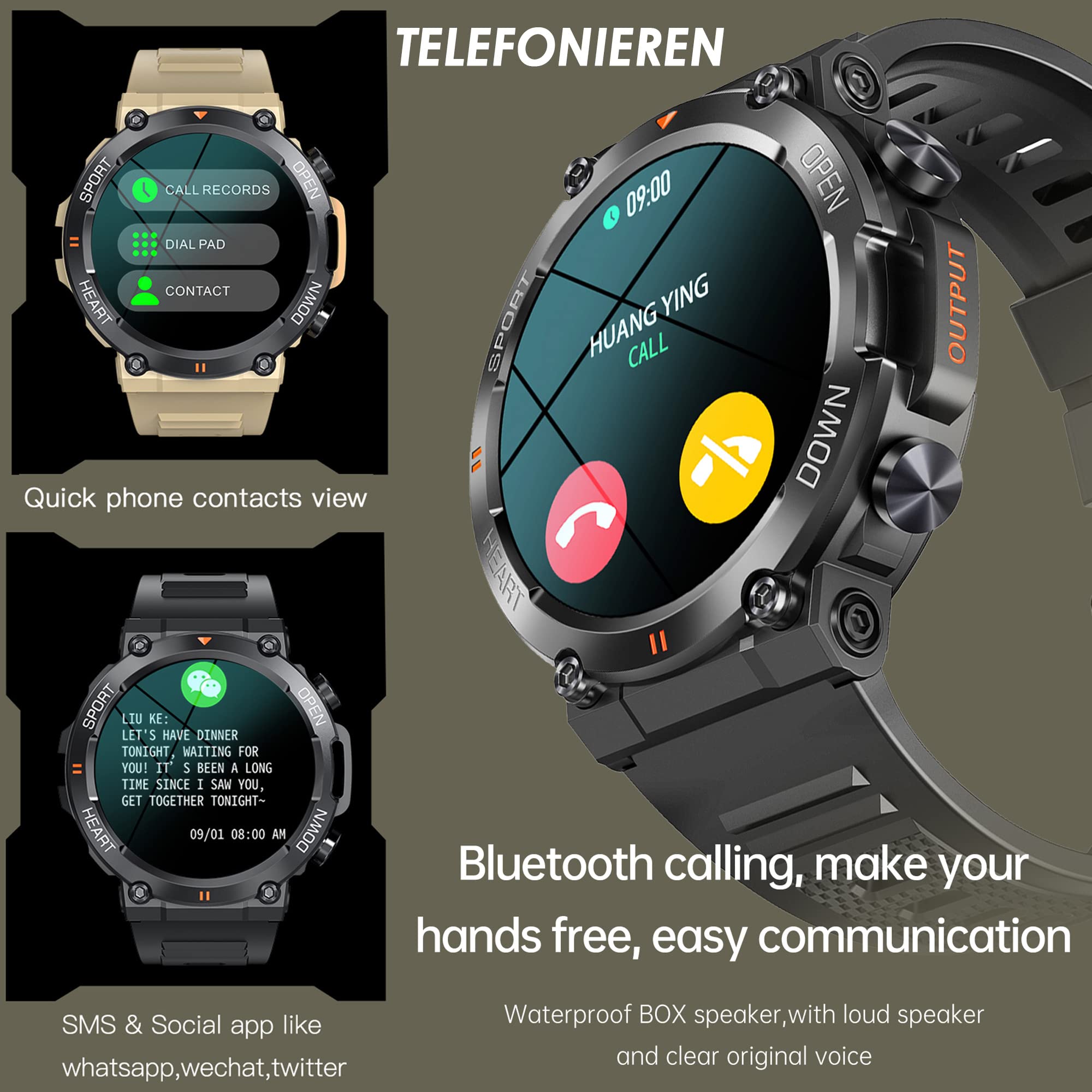 Militär Uhr Smartwatch Blutdruck Herren Armbanduhr Smartwatches mit Telefonfunktion IP68 Wasserdicht Sportuhren Outdoor Tactical Watch Military Schwarz Fitnessuhr für Männer Ios Android Schrittzähler
