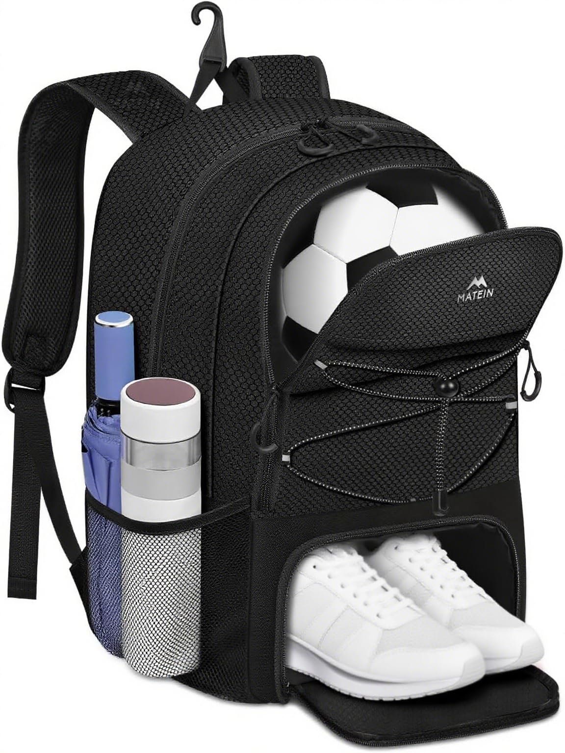 MATEIN Fussball Rucksack mit Schuhfach, Groß Sportrucksack Herren mit Zaunhaken, Basketball Rucksack Wasserdicht, Leichtgewicht Fußballtasche mit 15,6 Zoll Laptop Fach für Volleyball, Fußball