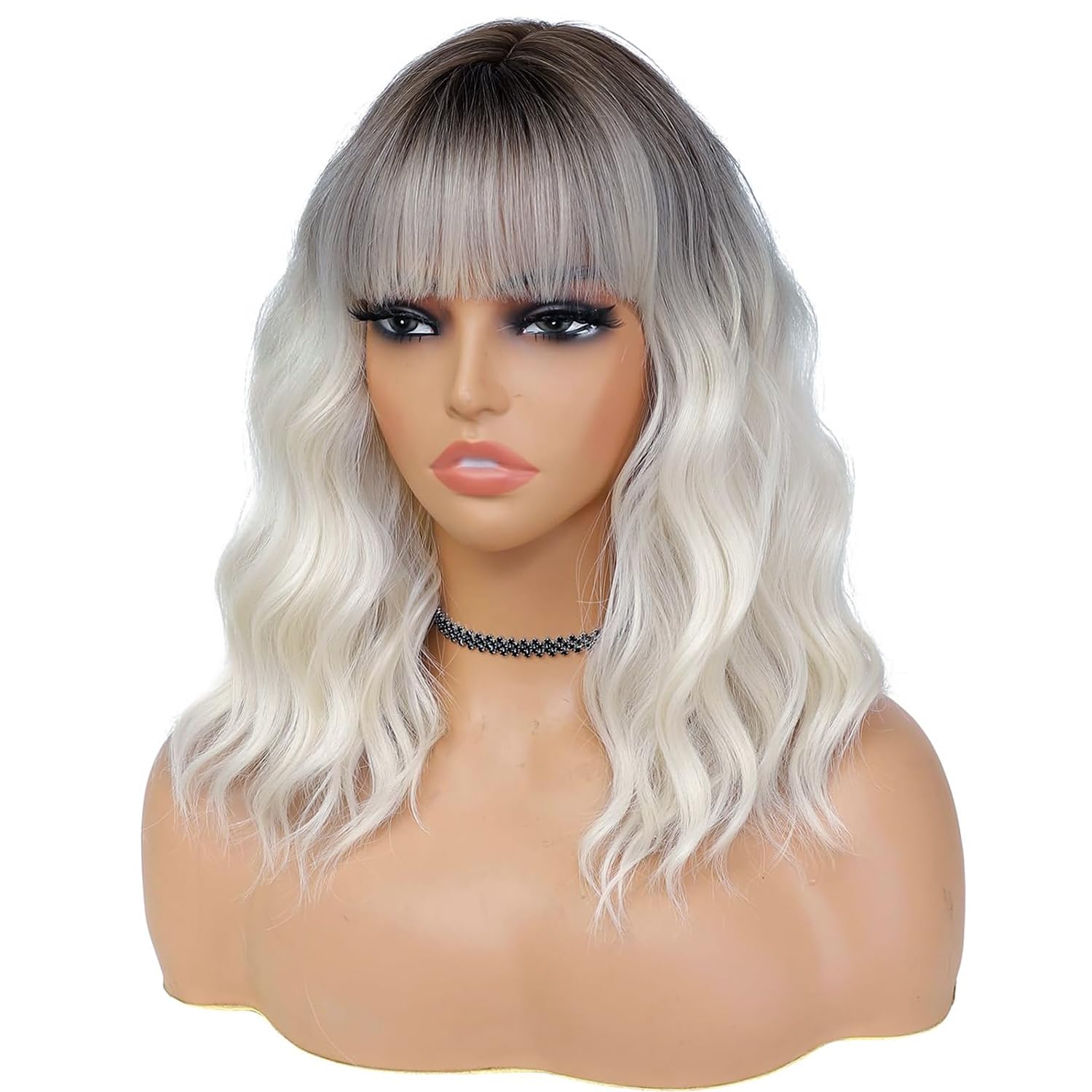 Colorfulpanda Short Platinum Blonde Wavy Bob Wigs with Fringe for Women Shoulder Length Wig Natural Looking Synthetic Hair Ombre Silver Blonde With Dark Roots For Daily Wear or Costume - Image 3