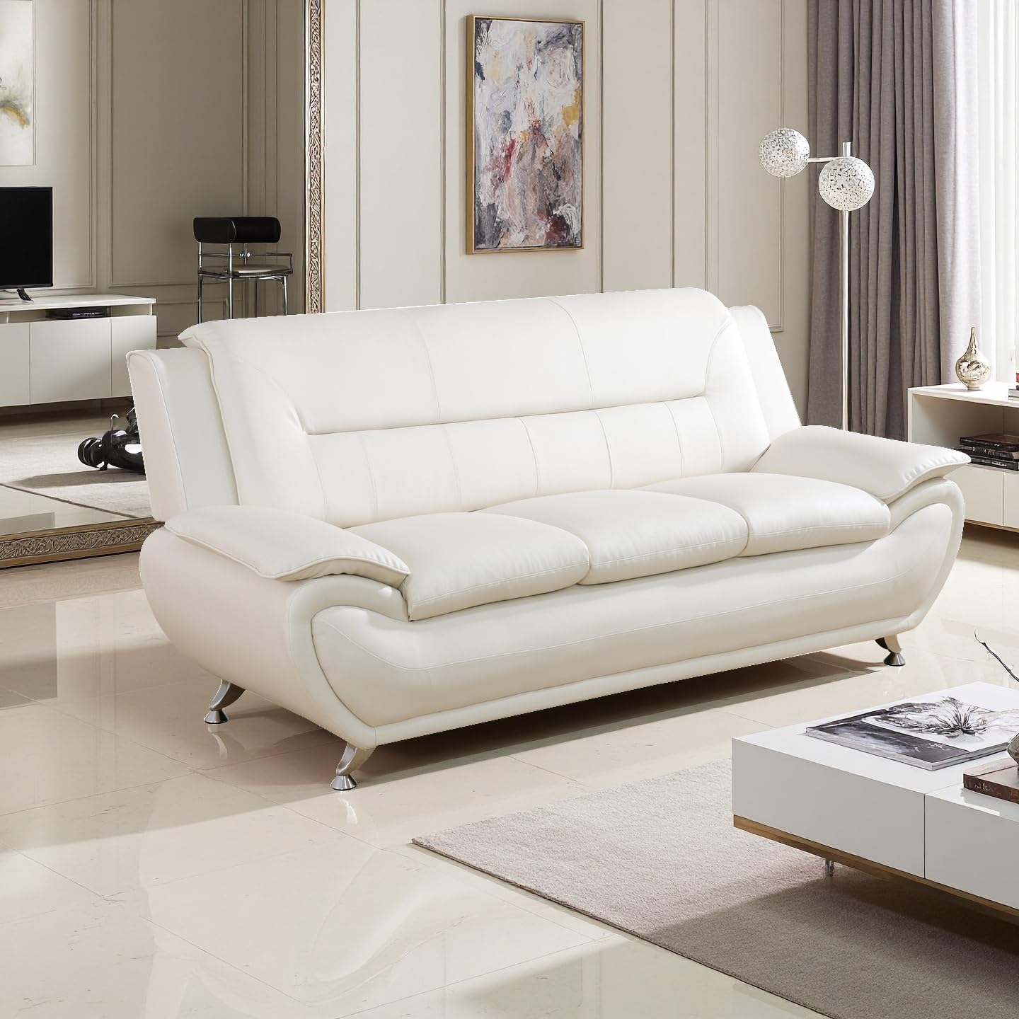 A Ainehome Sectional Sofa Couch Set, Living Room Furniture Sets Modern White Leather Sofa Couch for Living Room(A-Creamy White)