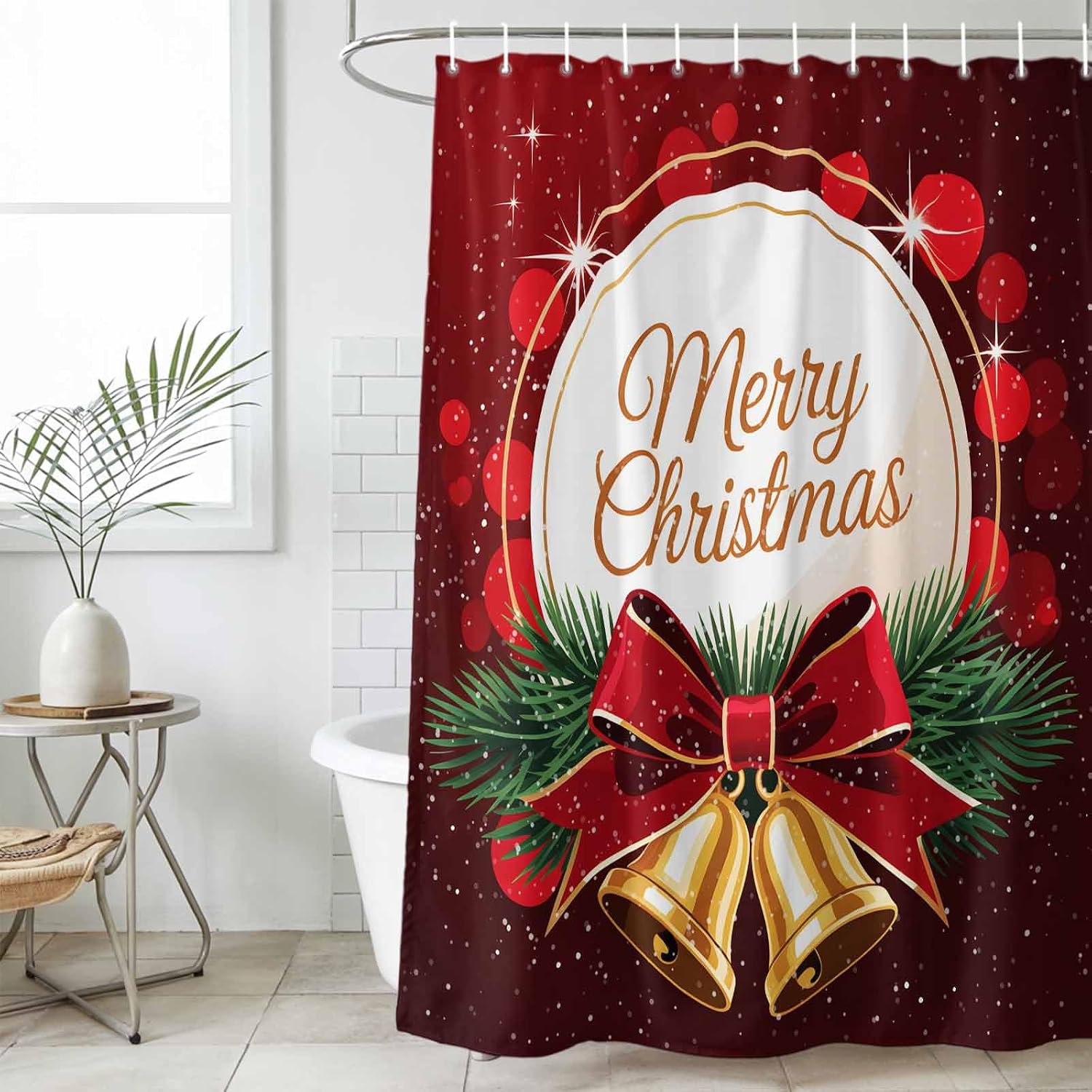 Merry Christmas Waterproof Shower Curtains Set - Small Shower Curtain 36 x 78 Inch, Winter Xmas Pine Needle Sparkle Bells Fabric Bathroom Curtain with 12 Hooks, Bathroom Accessories