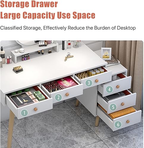 Miniatura 2 de Tocador de maquillaje con luces y 6 cajones, juego de tocador de madera para dormitorio, escritorio de maquillaje con espejo de atenuación de