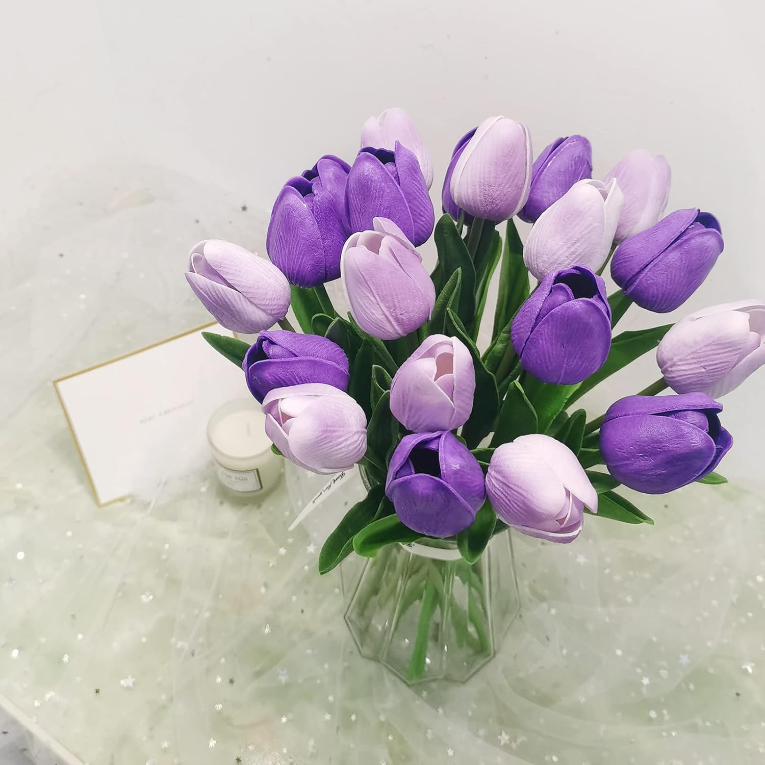 20pcs Purple Faux Tulip Flowers Real Touch Spring Tulip Artificial Flowers Bouquet Floral Arrangement for Wedding Home Garden Room Decor (2 Colors)
