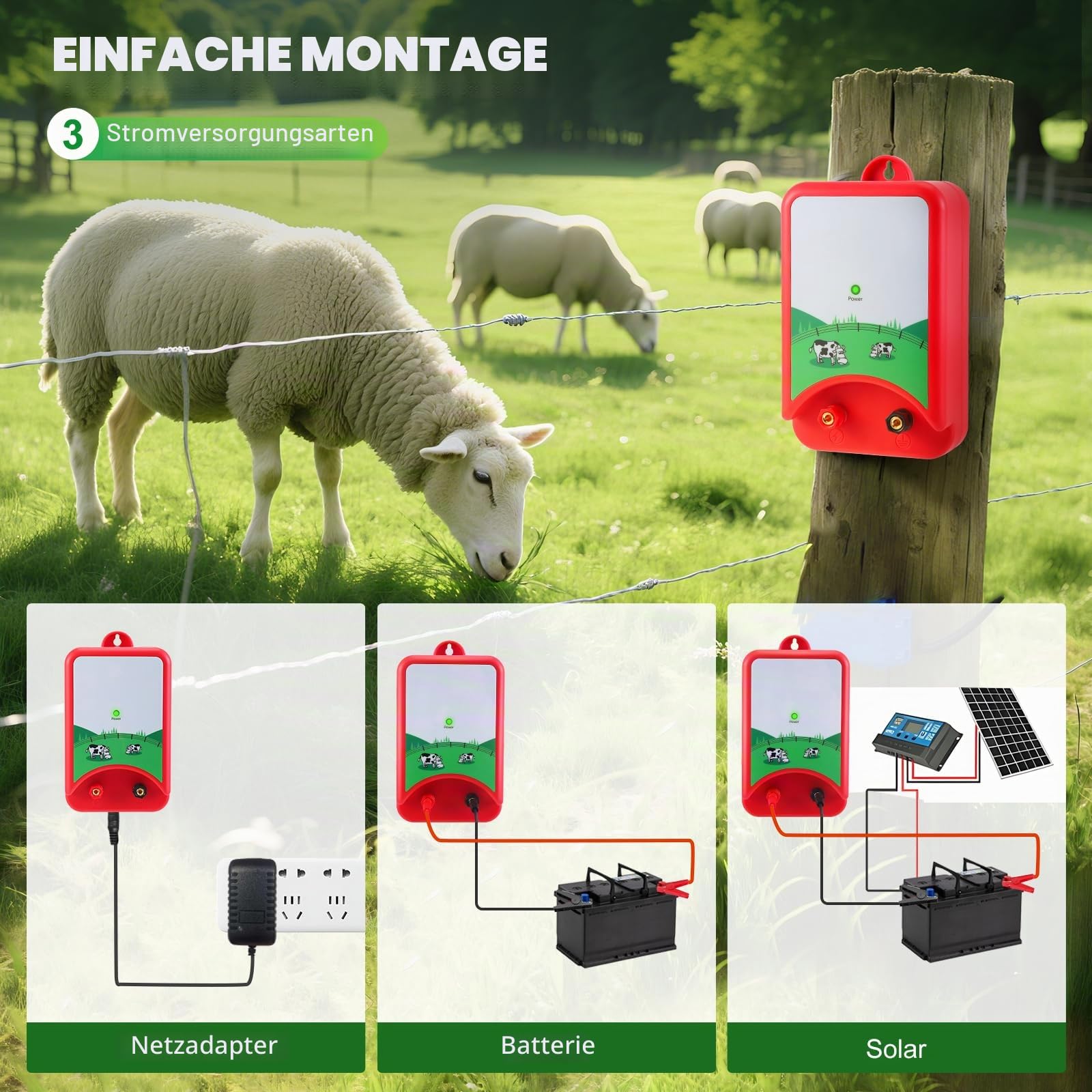 Elektrozaun-Ladegerät,Weidezaungerät 12V,Elektrischer Weidezaun 2J,10 Km Reichweite,Elektrozaungerät Für Rinder,Schafe,Nutztieren,Haustieren,Geflügel, Hausweide,Gärten