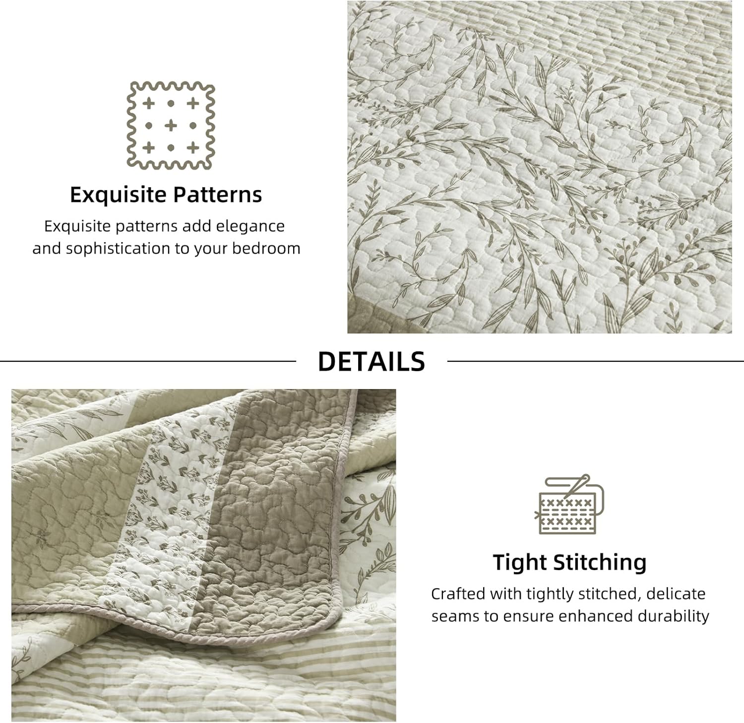 Quilt Set Queen Size - 100% Cotton Quilt Bedding Set Bedspread, Farmhouse Botanical Pattern Striped Comforter for All Season, Lightweight Floral Queen Coverlet Sets Home Decor, Beige, 3 Pieces
