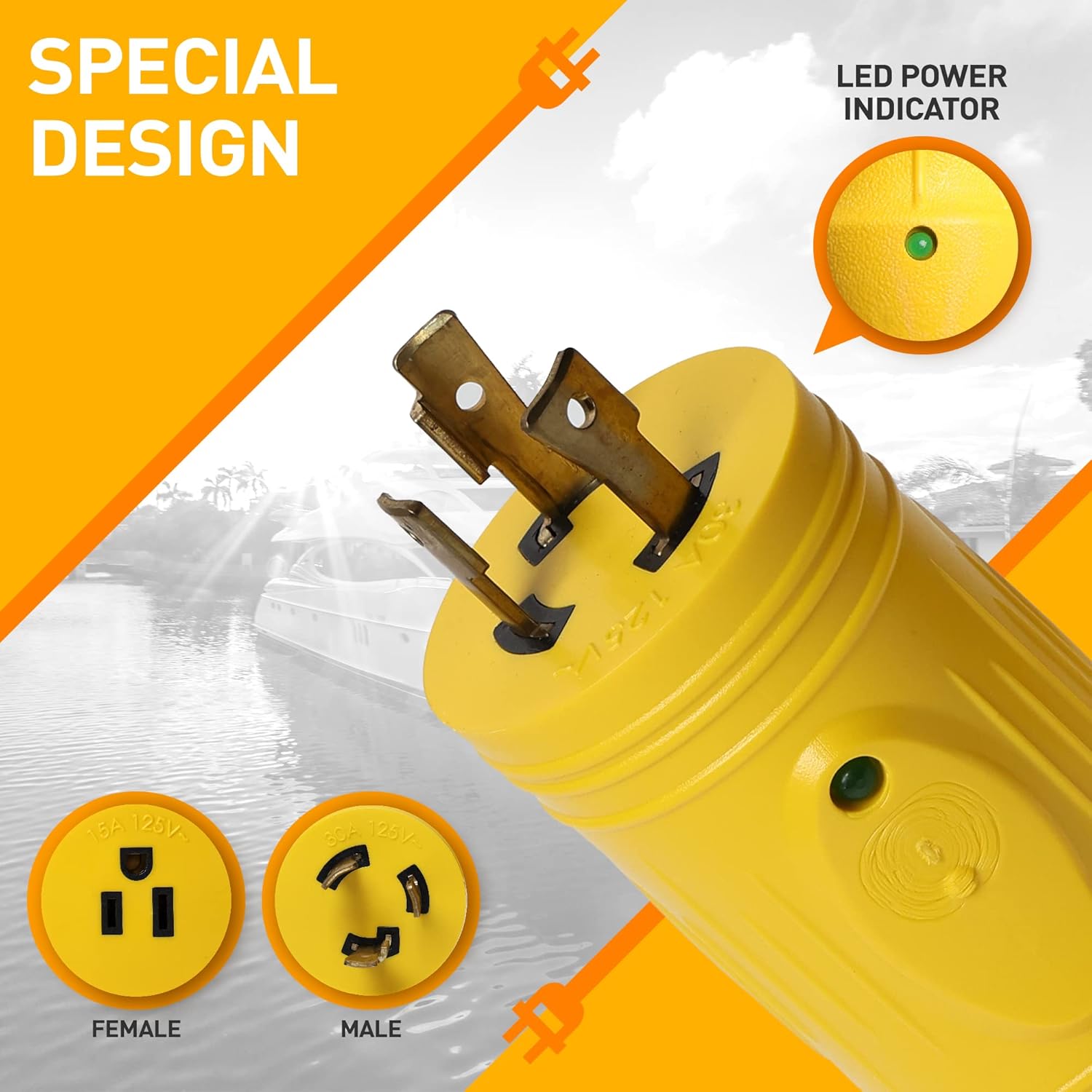 MARVINE 30 Amp to 15 Amp Plug Adapter - NEMA L5-30P Male to Female 5-15R - 3 Prong Power Converter with LED Indicator : Patio, Lawn & Garden