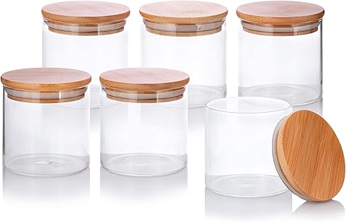 Miniatura 1 de JUVITUS Tarro de borosilicato de vidrio transparente de 10 onzas con tapa sellada de silicona de bambú (paquete de 6) para almacenamiento de