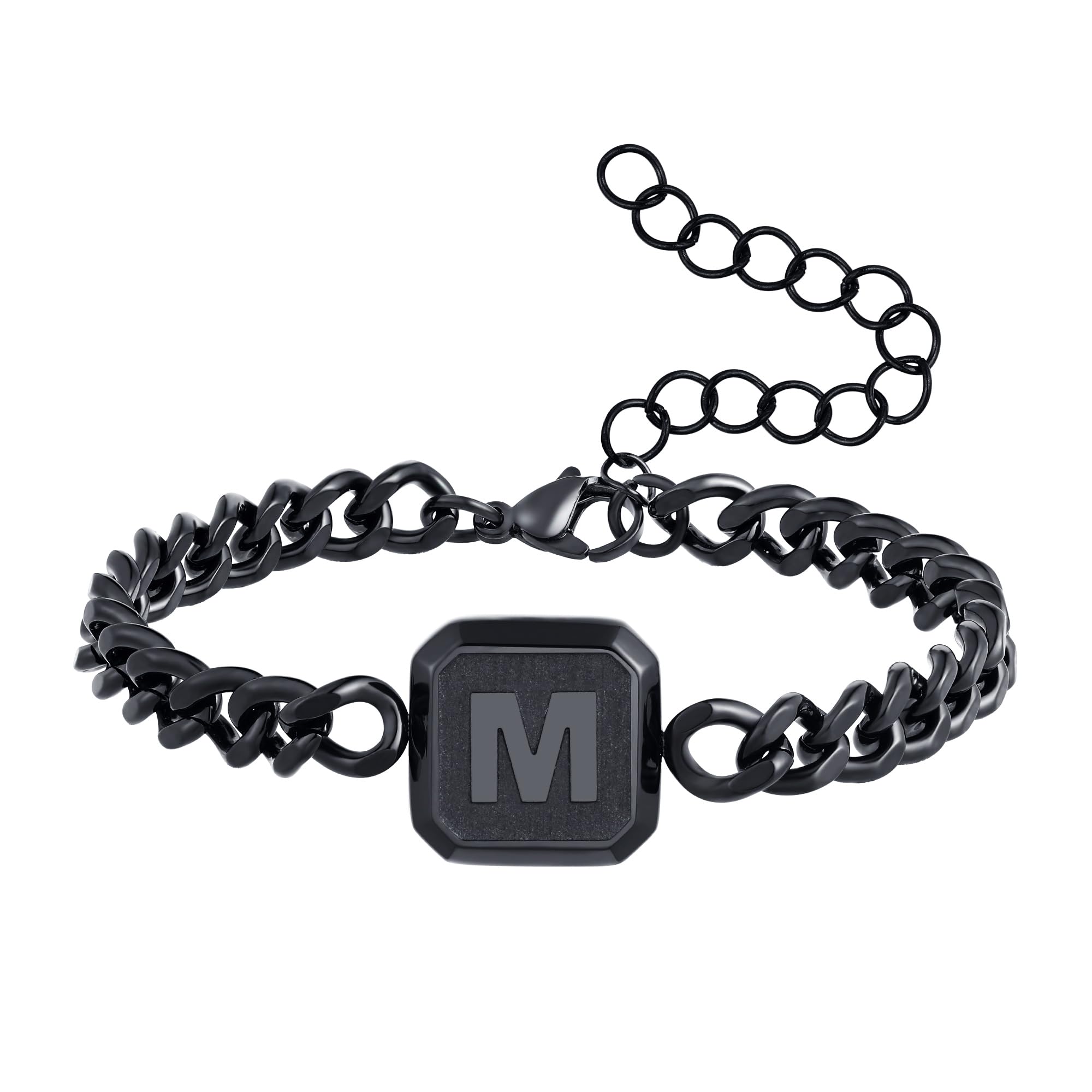 Armband Herren mit Buchstaben Edelstahl Panzerkette Armkette Männer Jungen | Silber Gold Schwarz Quadrat Initiale Armbänder Geschenk für Sohn Enkel Bruder Ehemann Vater Kubakette Einstellbare Schmuck