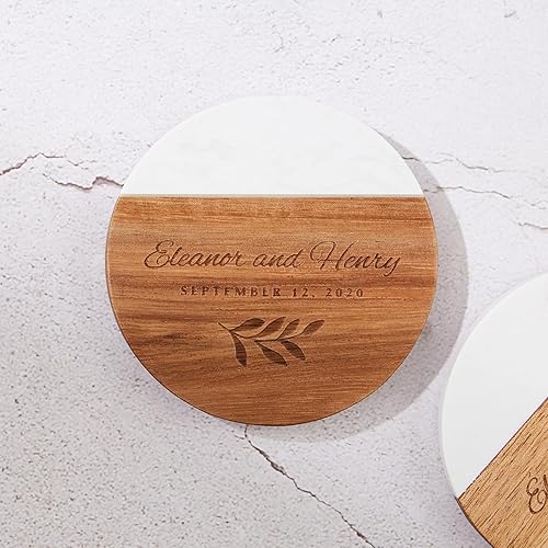 GAM - Juego de 4 posavasos personalizados, posavasos redondos de madera y mármol para bebidas, regalos de inauguración de la casa para el nuevo