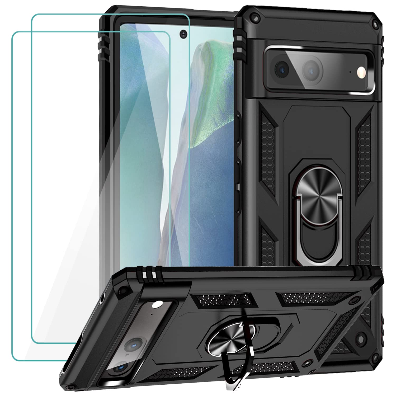 Muntinfe for Google Pixel 7 Case with Tempered Glass Screen Protector [2 Pack], Military-Grade Armor Shockproof Protective Phone Case Cover with Ring Magnetic Kickstand for Pixel 7, Black