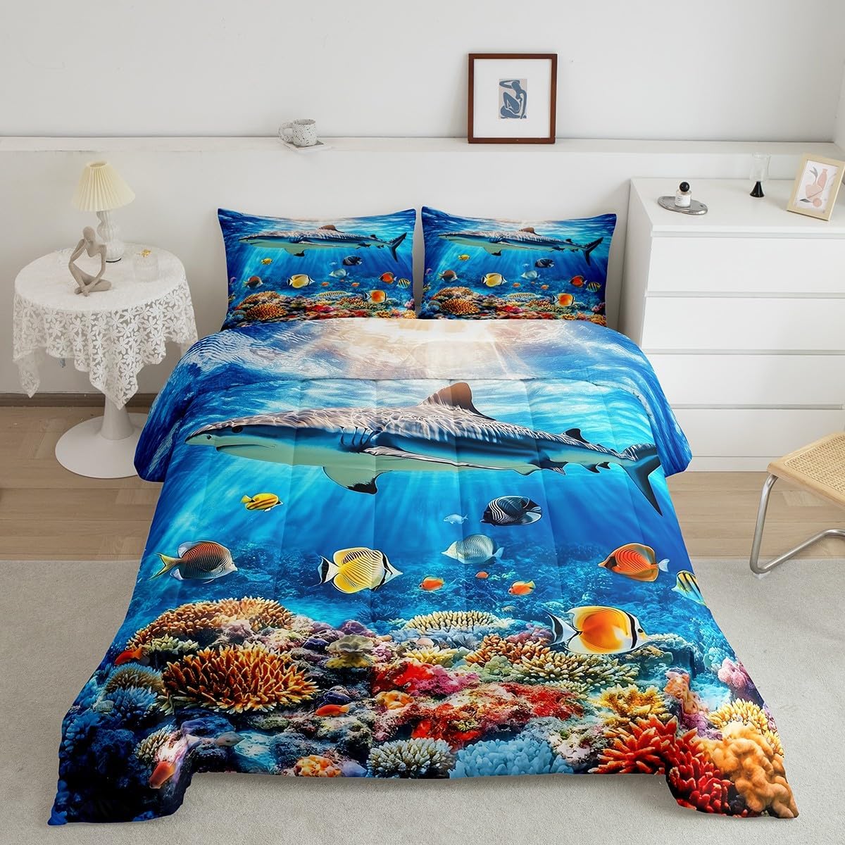 jejeloiu Ocean Bedding Set Toddler Size Kids Whale Comforter Cover for Boys Girls Teens Vivid Blue Duvet Cover Breathable Soft Lightweight Microfiber Quilt Set