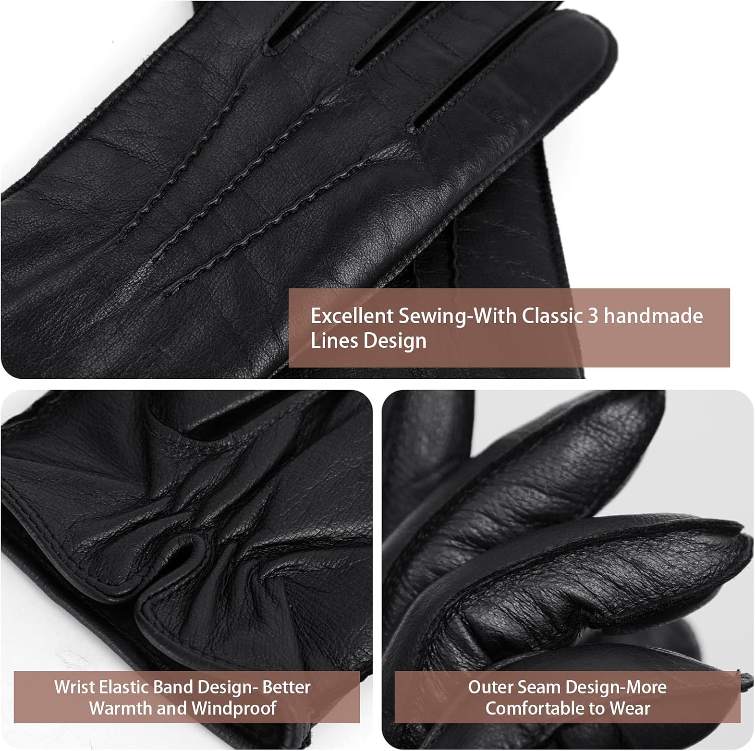 GSG Men Genuine Leather Gloves Driving Gloves Warm Fur Lined Classic Dress Sheepskin Gloves Hand-stitched - Image 7