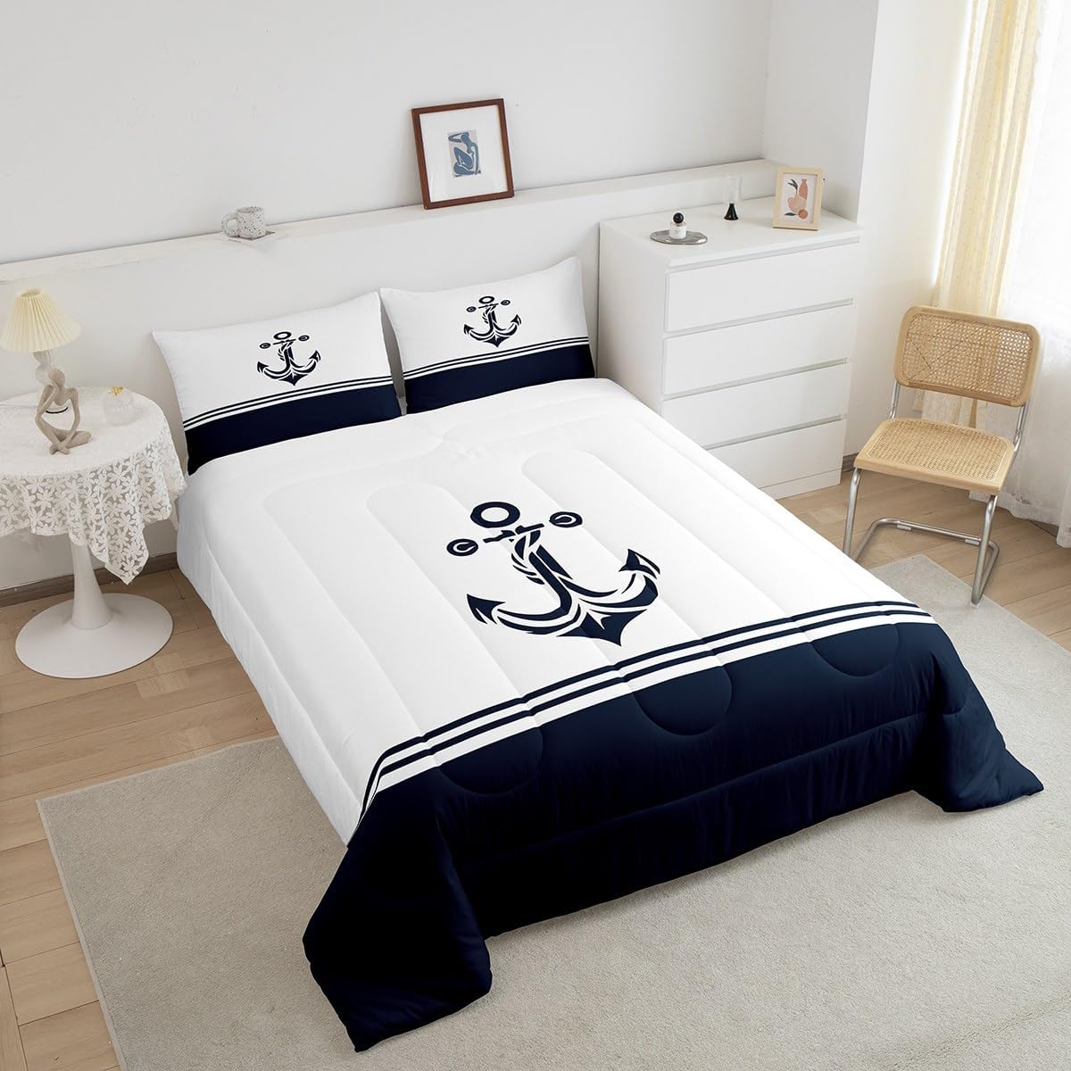 Manfei Anchor Comforter Set Toddler Size 2 Pcs,Nautical Themed Bedding Set,Navy Blue Modern Quilt Set for Child Bedroom,Duvet Insert,1 Pillowcase