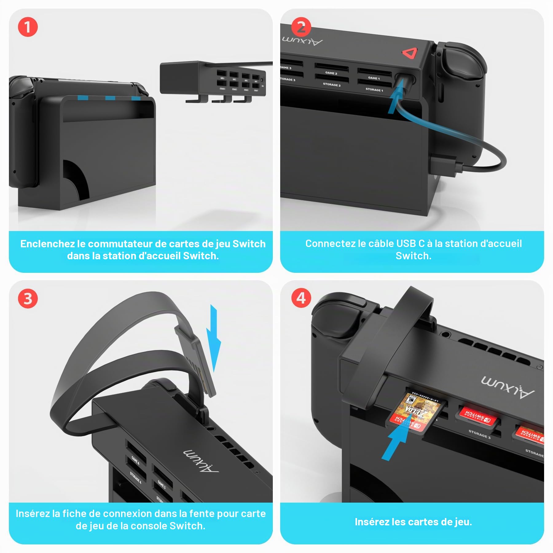 Alxum Switch Lecteur de Cartes de Jeu avec télécommande sans Fil Switching,8-en-1 Switch Porte-Jeux pour Nintendo Switch/Switch Console OLED et Dock (4 pour Le Jeu+4 pour Le Rangement)