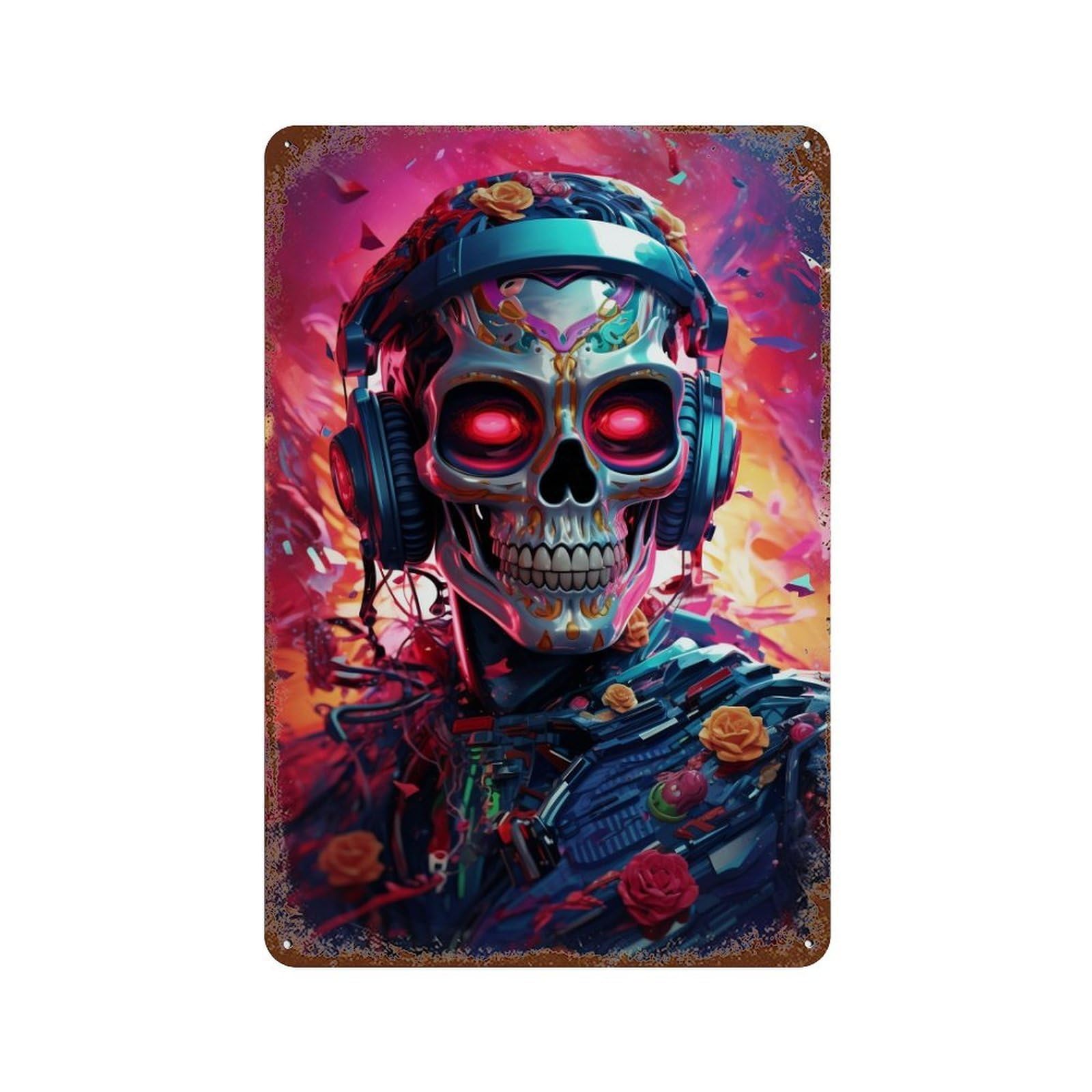 Garage Style Skull Headphones Artwork Aged Metal Wall Plaque 11.8"x7.9", Novelty Wall Decor for Bar And Workshop