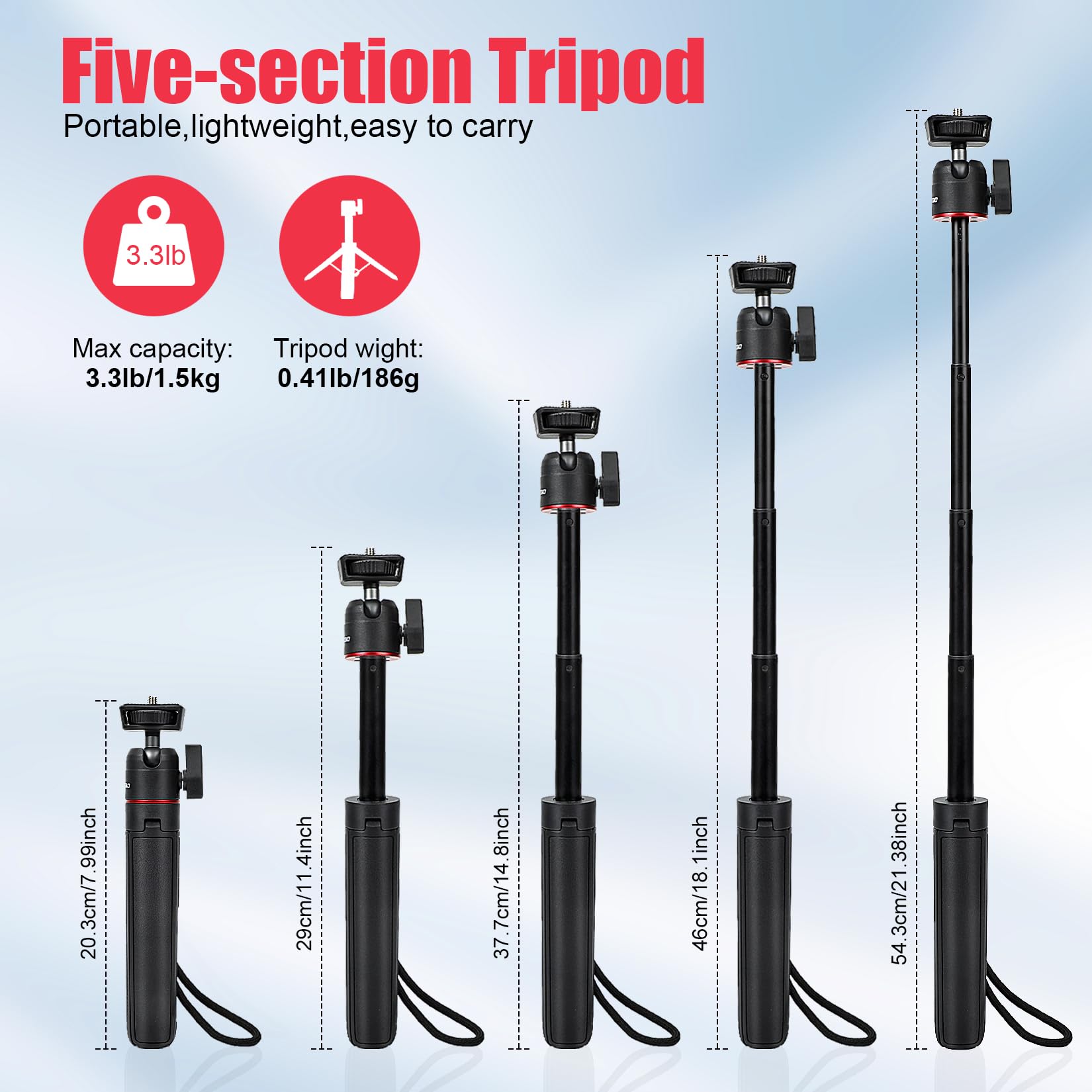 Soporte extensible para vlog, mini trípode para cámara de selfie, altura ajustable de 8 a 23.6 pulgadas, rotación de 360 grados, trípode de viaje ligero para vlogging, transmisión en vivo