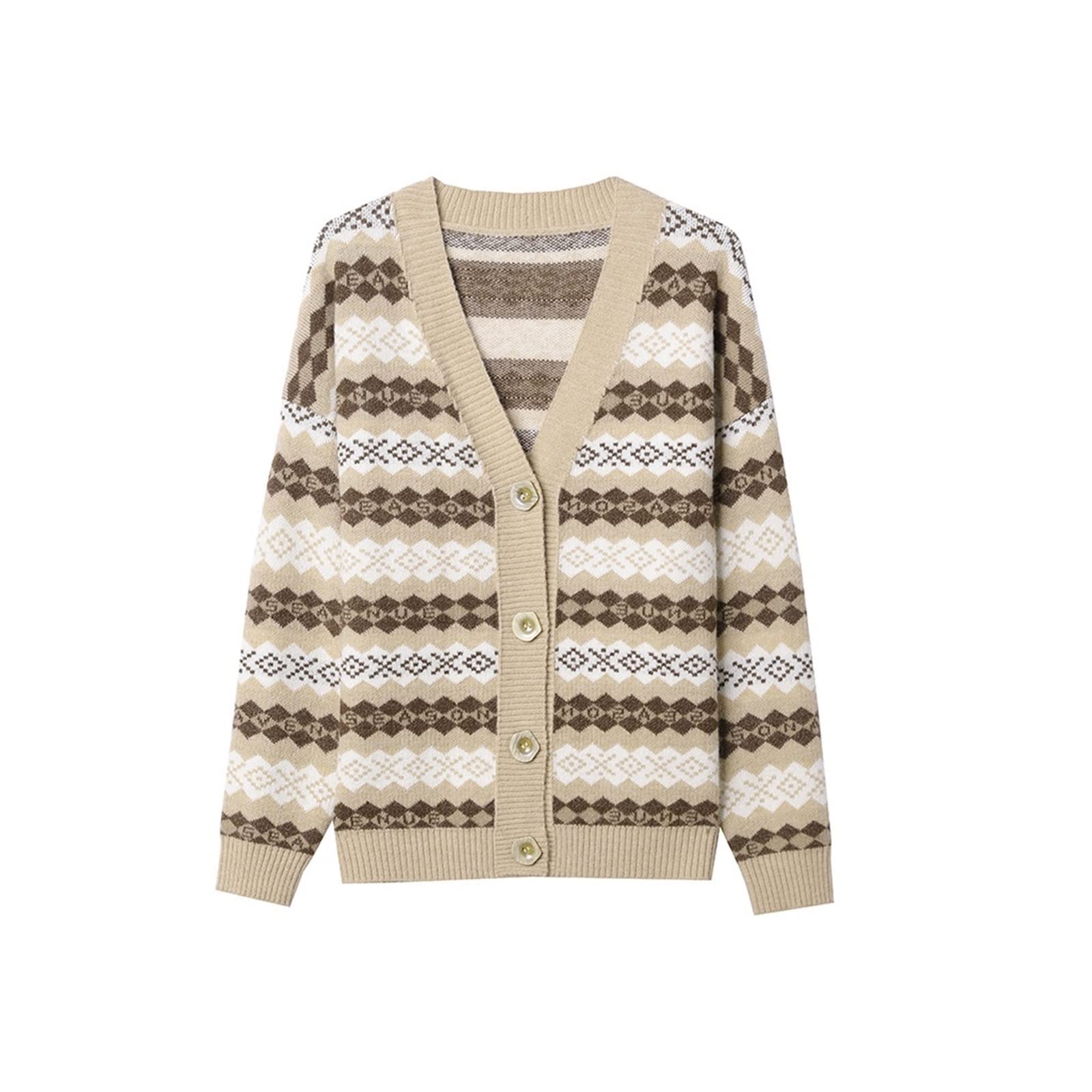 YOGAYE Sweaters for Women, Women Sweater Single-breasted Long Sleeves Cardigan V-Neck Printing Female Casual Knitted Cardigan Women Clothing (Color : XingSe, Size : XL)