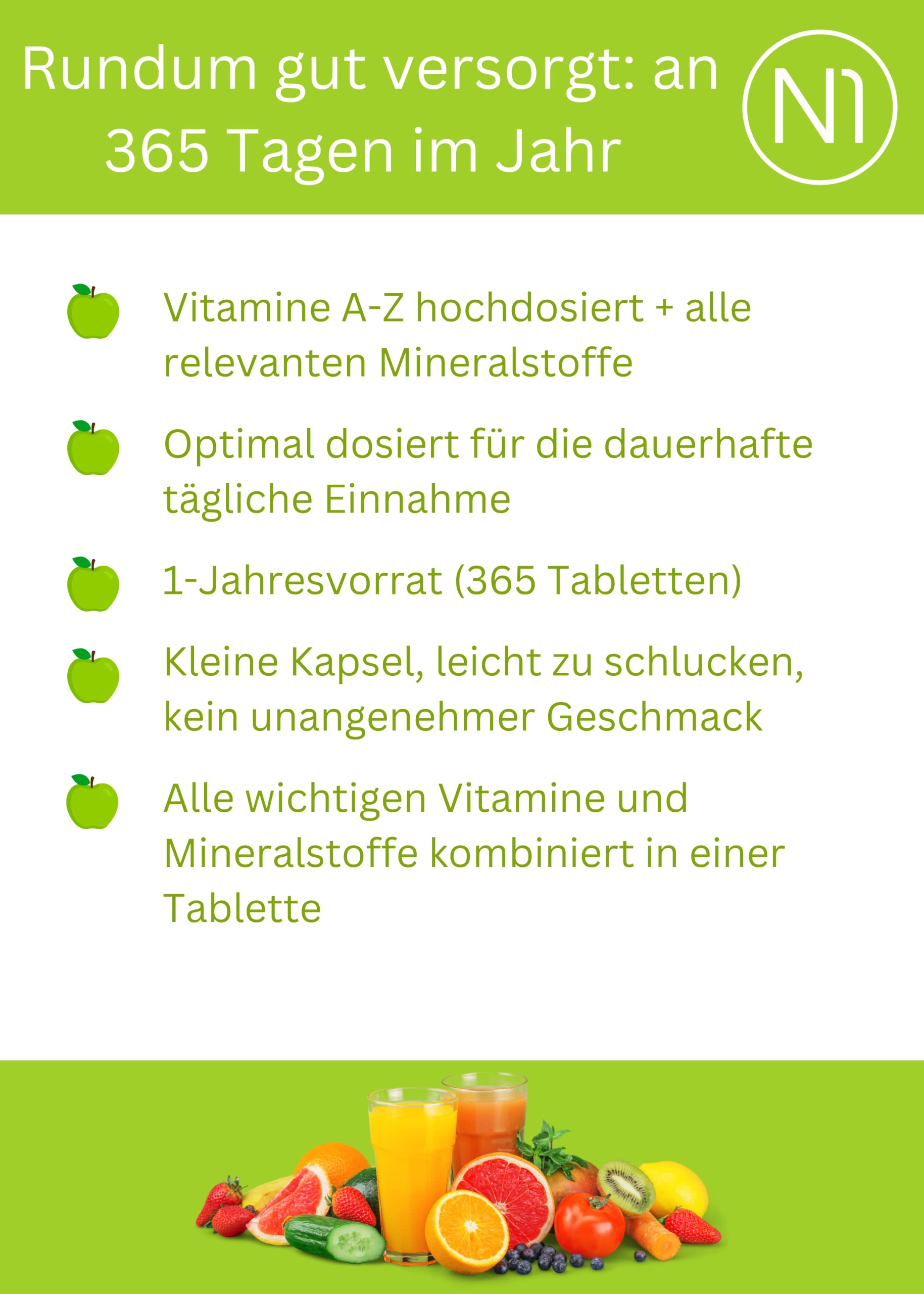 N1 Multivitamin Tabletten hochdosiert - Alle Vitamine + Mineralien - 5x365 Tabl. Jahresvorrat - vegetarisch - Nahrungsergänzungsmittel