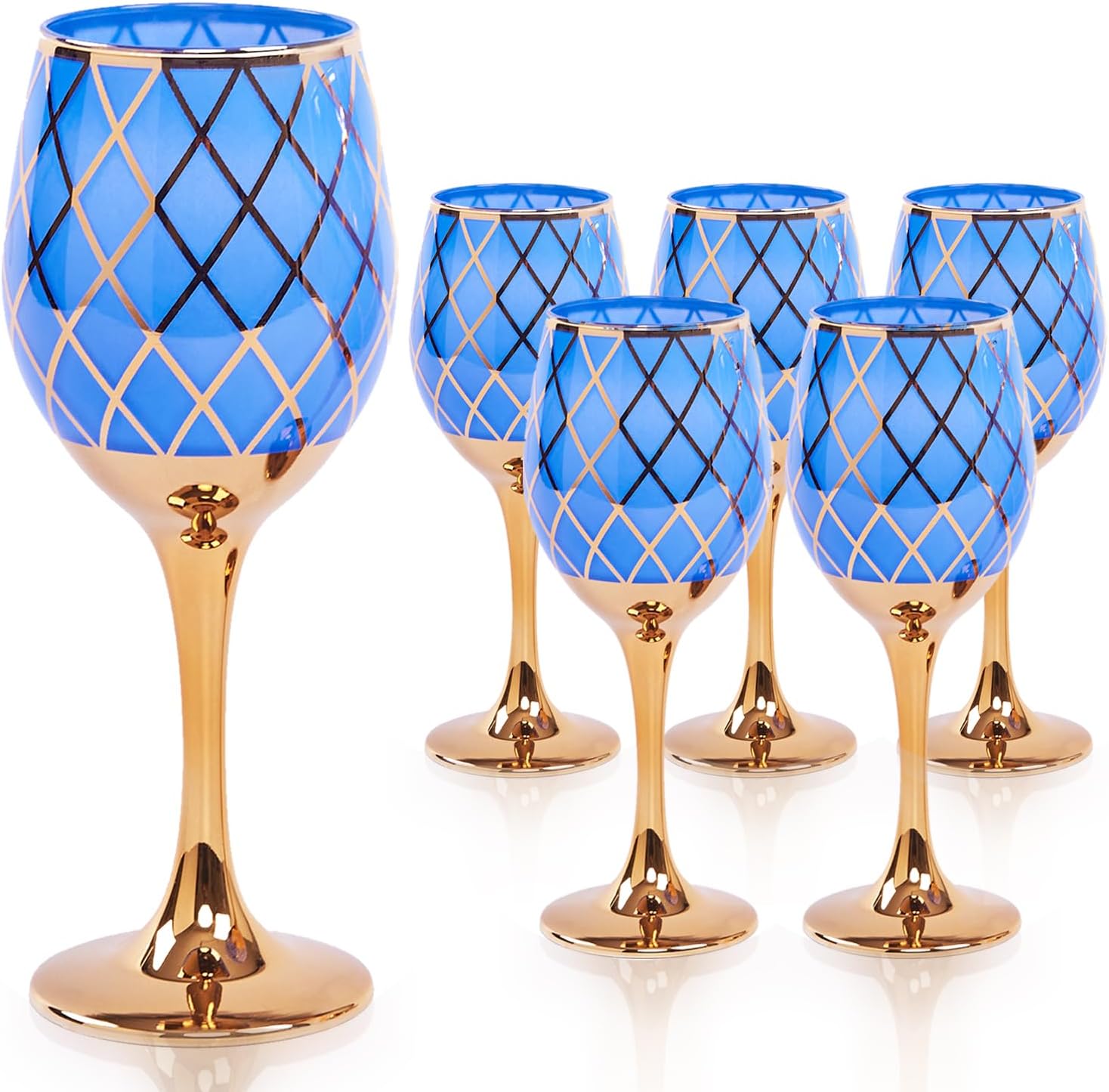 Blue and Gold Gold Wine Glasses Set of 6, Colored Long Stemmed and Rimmed Decorative Fancy Crystal Glassware, Cobalt Goblets for Gifts, Wedding, Festival, Birthday, Thanksgiving, 12oz