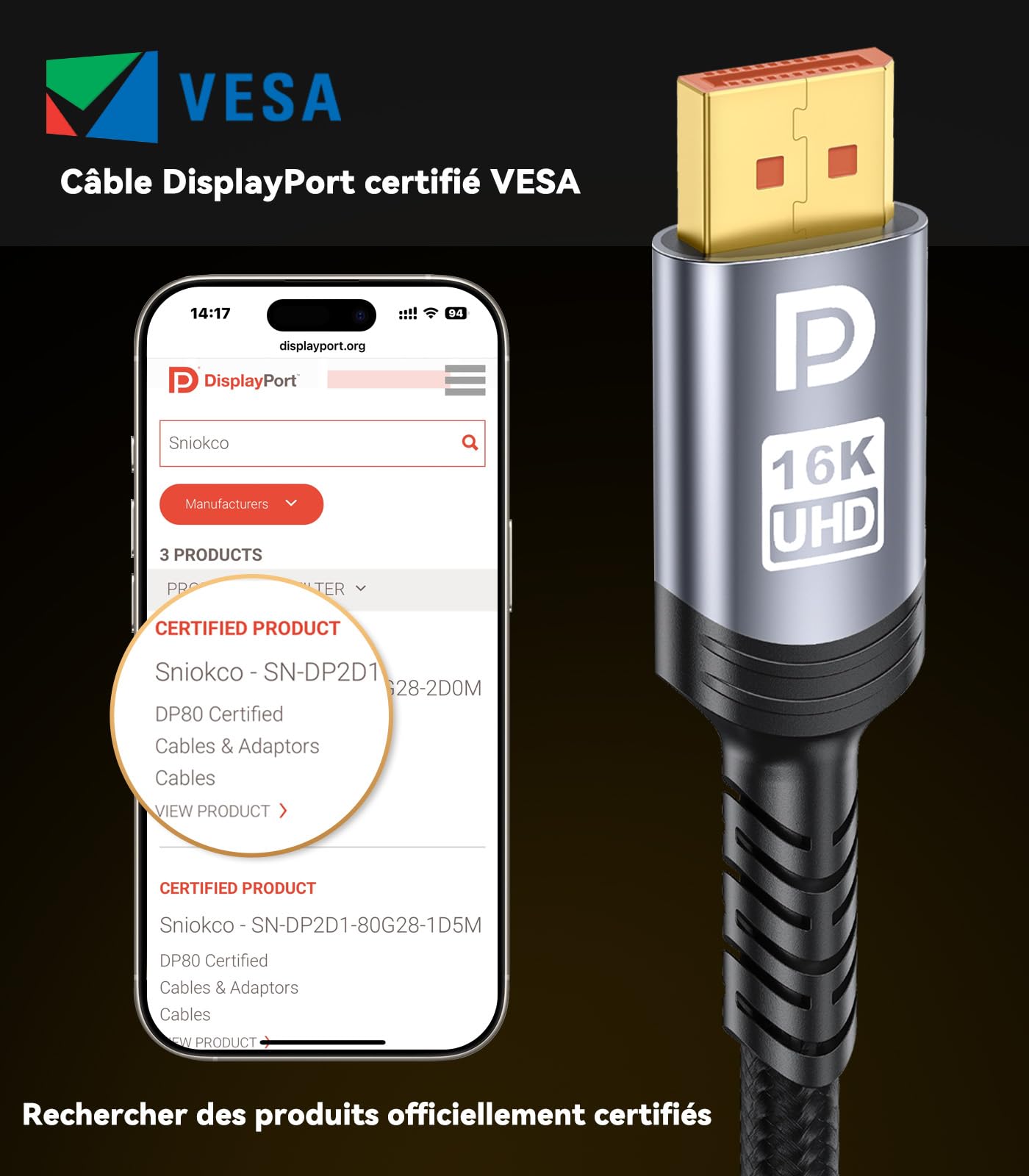 Sniokco 80Gbps Cable DisplayPort 2.1 1.5M, VESA Certifié 16K DP Câble 16K@60Hz 8K@240Hz 4K@540Hz 360Hz 240Hz, Compatible avec HDR HDCP 2.3 DSC FreeSync G-Sync Moniteur Carte Graphique RTX PC HDTV