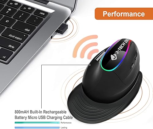 Miniatura 4 de J-Tech Digital - Mouse ergonómico inalámbrico vertical con 4 DPI ajustables hasta 3200, batería recargable, botones para el pulgar, reposamanos