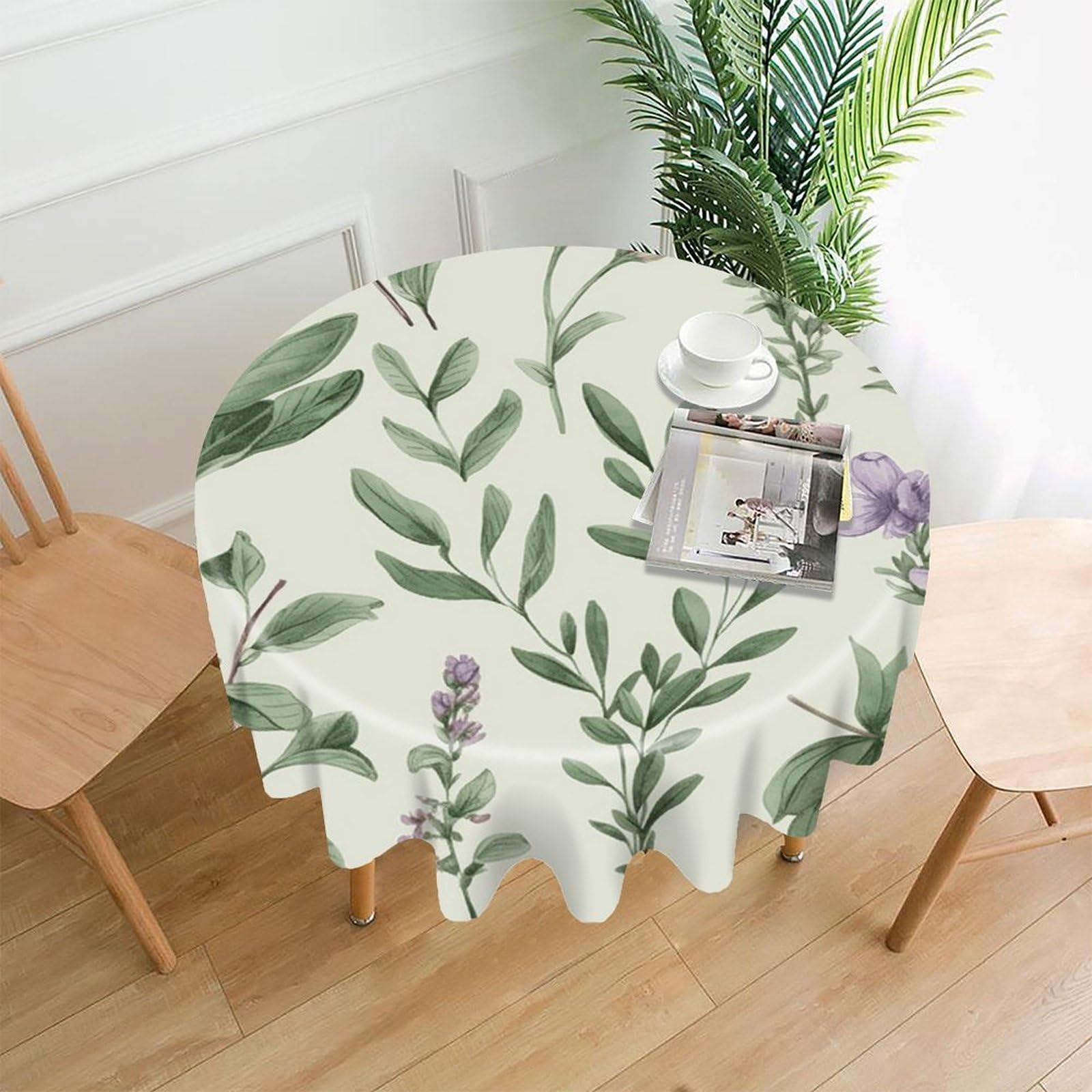 Green Flower Herb Sage Leaves And Branches Tablecloth Easy to Clean Polyester Round Table Cover Washable Round Table Cloth Wrinkle-Free Circle Decoration Tablecloth for Kitchen Dining Room 60"