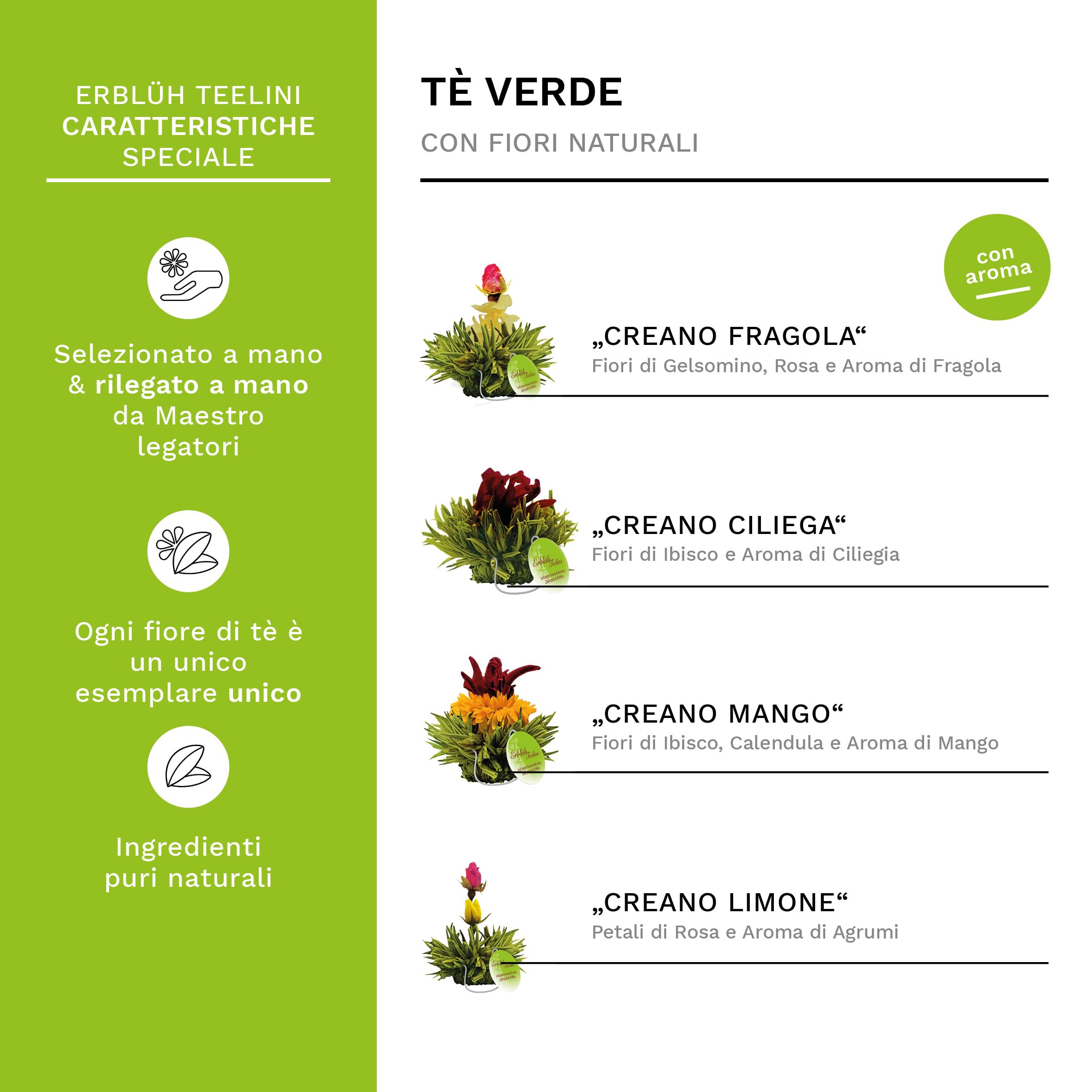 Creano Fiori di Tè Tèlini in un Formato di Tazza - Set regalo in una Scatola da Tè di legno - 12 fior di Tèlini di 4 Tipi diversi - Tè verde