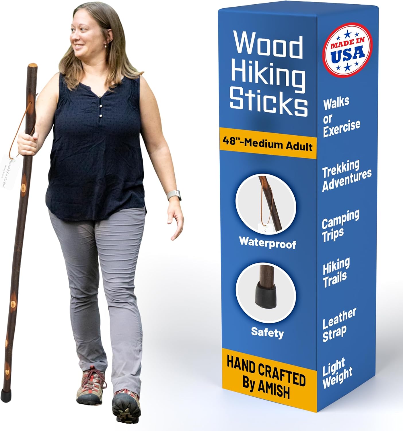 Bastones de madera rústica para senderismo, bastones hechos a mano para niños, mujeres y hombres, bastones de senderismo con correa de cuero para la