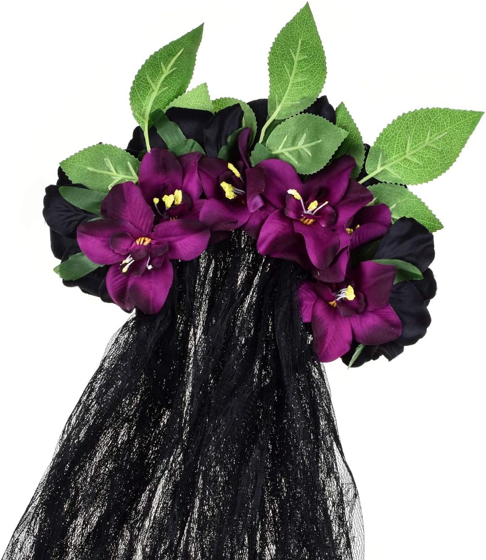 June Bloomy Day of the Dead Headpiece Rose Floral Crown Veil Halloween Costume Mexican Flower Headband - Image 3