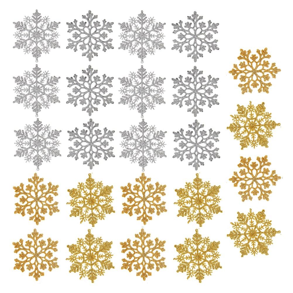 Vjsujehgy Glitter White Gold for Holiday Decor 24pcs Snowflake Ornaments for Christmas Tree, Snow Flakes