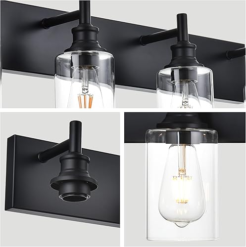 Miniatura 4 de 6 luces de tocador de baño, accesorios de iluminación de baño negros sobre espejo con pantallas de vidrio transparente, apliques de pared de granja