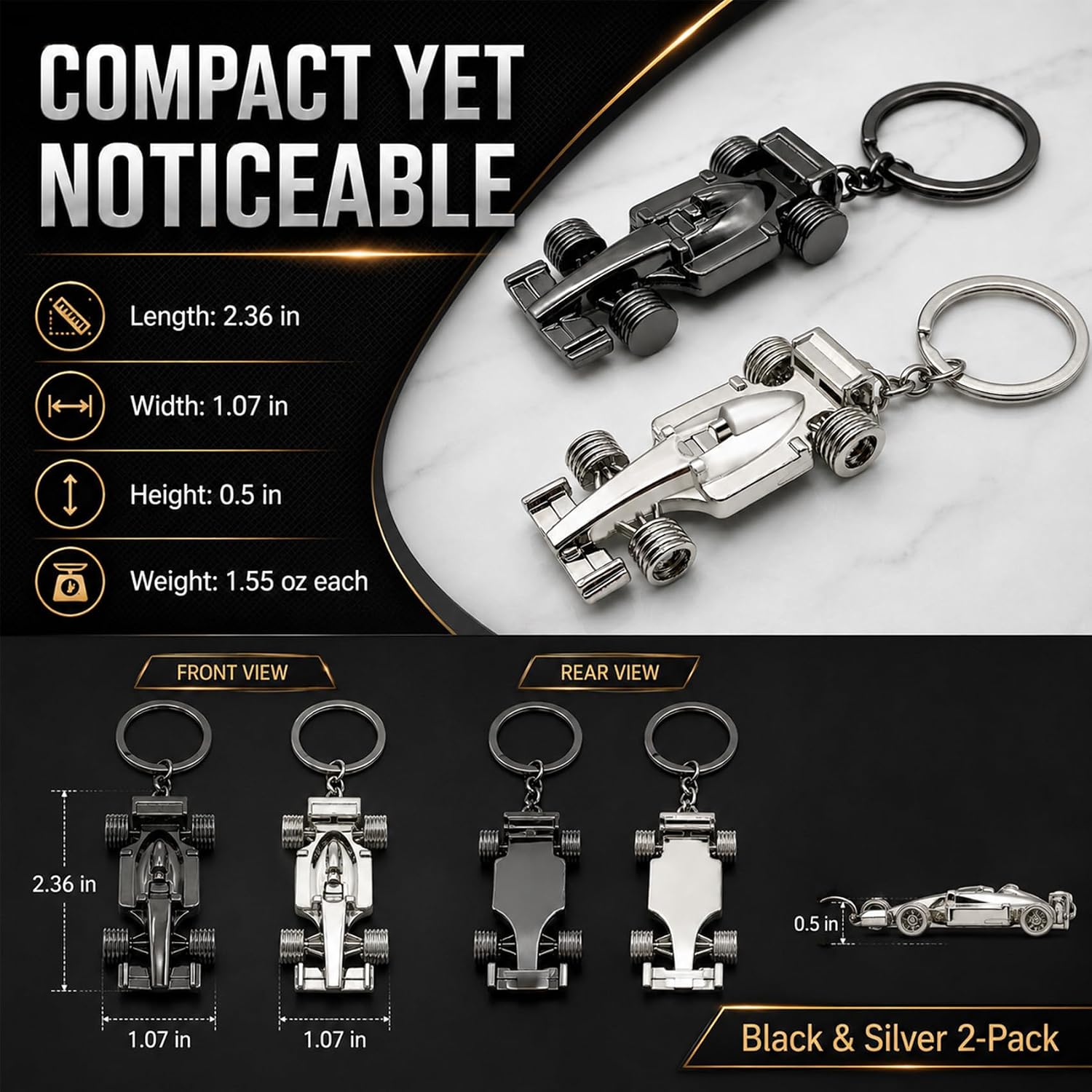 Open Wheel Race Car Keychain 2-Pack, Solid Metal Racing Car Keyring in Black & Silver, Small Motorsport Gift for Men, Boys, Dad, Husband, Boyfriend, Car Lovers