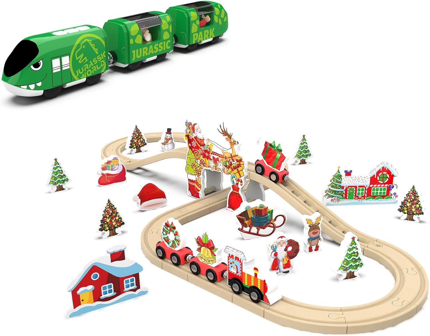 Toy Train Set for Wooden Tracks, Motorized Trains Toys with 42Pcs Building Toy Compatible with Thomas & Friends, Brio