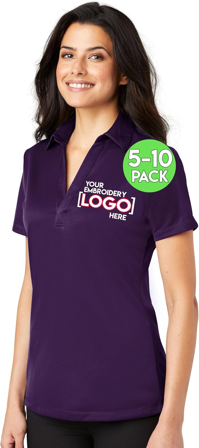 Custom Embroidered Polo Shirts for Women, 5 or 10 Pack - Personalized Embroidery Polyester Polos with Logo