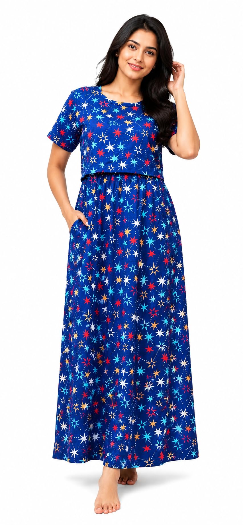 RENIS.Store Women's 100% Cotton Zipless Feeding Maternity Nighty Pack of 1 | Pull Up Nursing Night Dress, Feeding Wear Back Tie with Side Pocket | Blue Color | Size - M-image-20