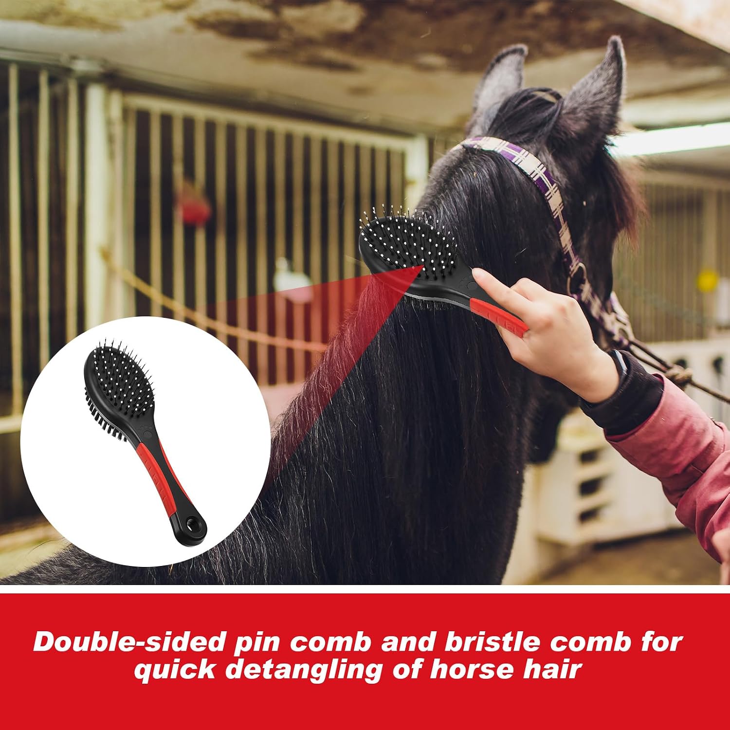 Dansydaisy Horse Tail Extension Bag and Double Side Pin and Bristle Comb Brush, Red and Black Fake Horse Tail Carry Bag for Storage
