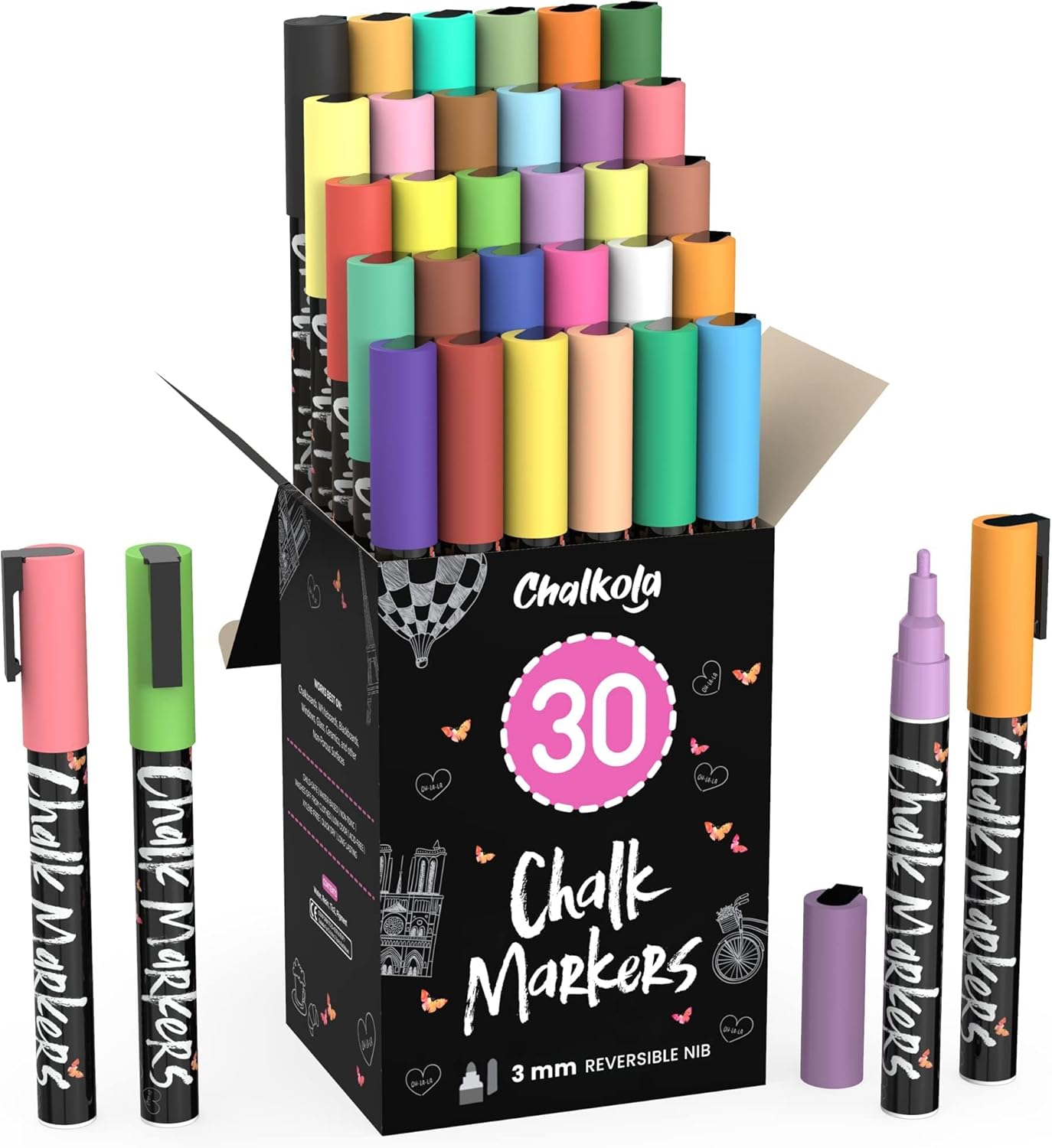 Fine Tip Chalk Pens (30 Pack Neon & Pastel) Chalk Markers Dry Erase Marker Pens for