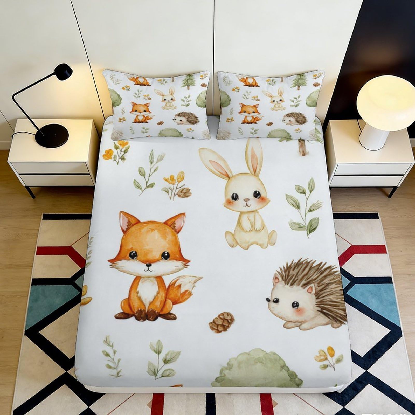 3D Printed Fox Woodland Fitted Sheet Microfiber Soft Animal Bunny Hedgehog Mattress Cover for Bedroom Dorm Decor 90x200x25cm