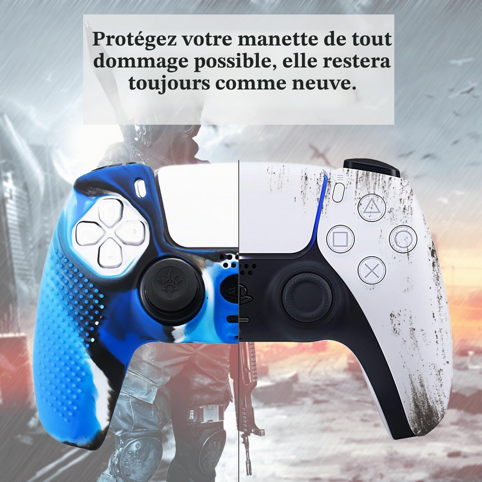 Yorha Lot de 2 Coques en Silicone pour Manette de PS5 (Camou Bleu + Rouge) avec 8 Grips pour Les Pouces, 8 Bouchons et 4 Protections Anti-Chocs