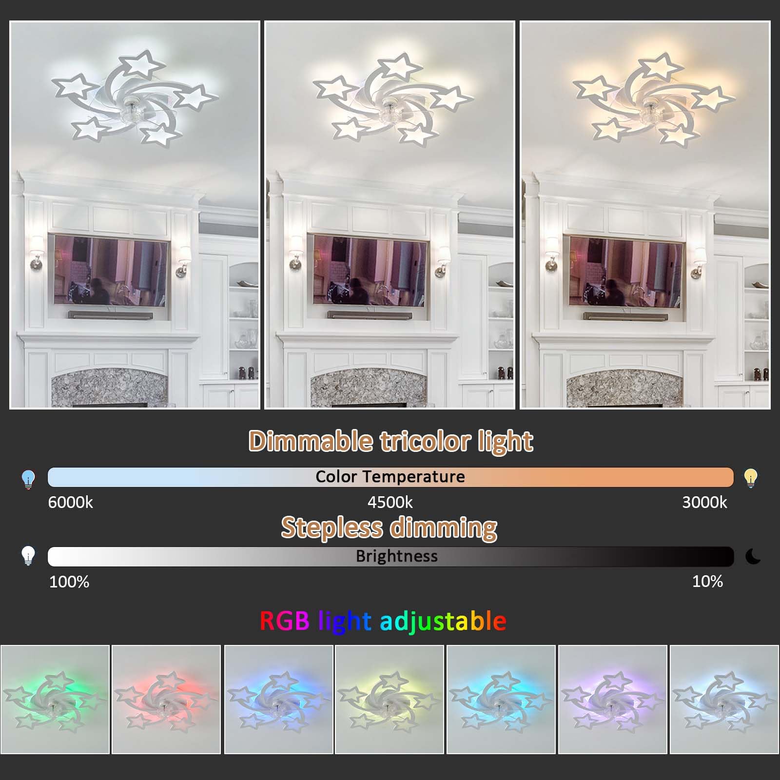 RGB Lampadario Con Ventilatore Da Soffitto Con Telecomando APP, Bambino Cameretta Lampadario Ventilatore Reversibile 6 Velocità Dimmerabile Ventola Soffitto Con Luce Memoria Silenzioso Bianco