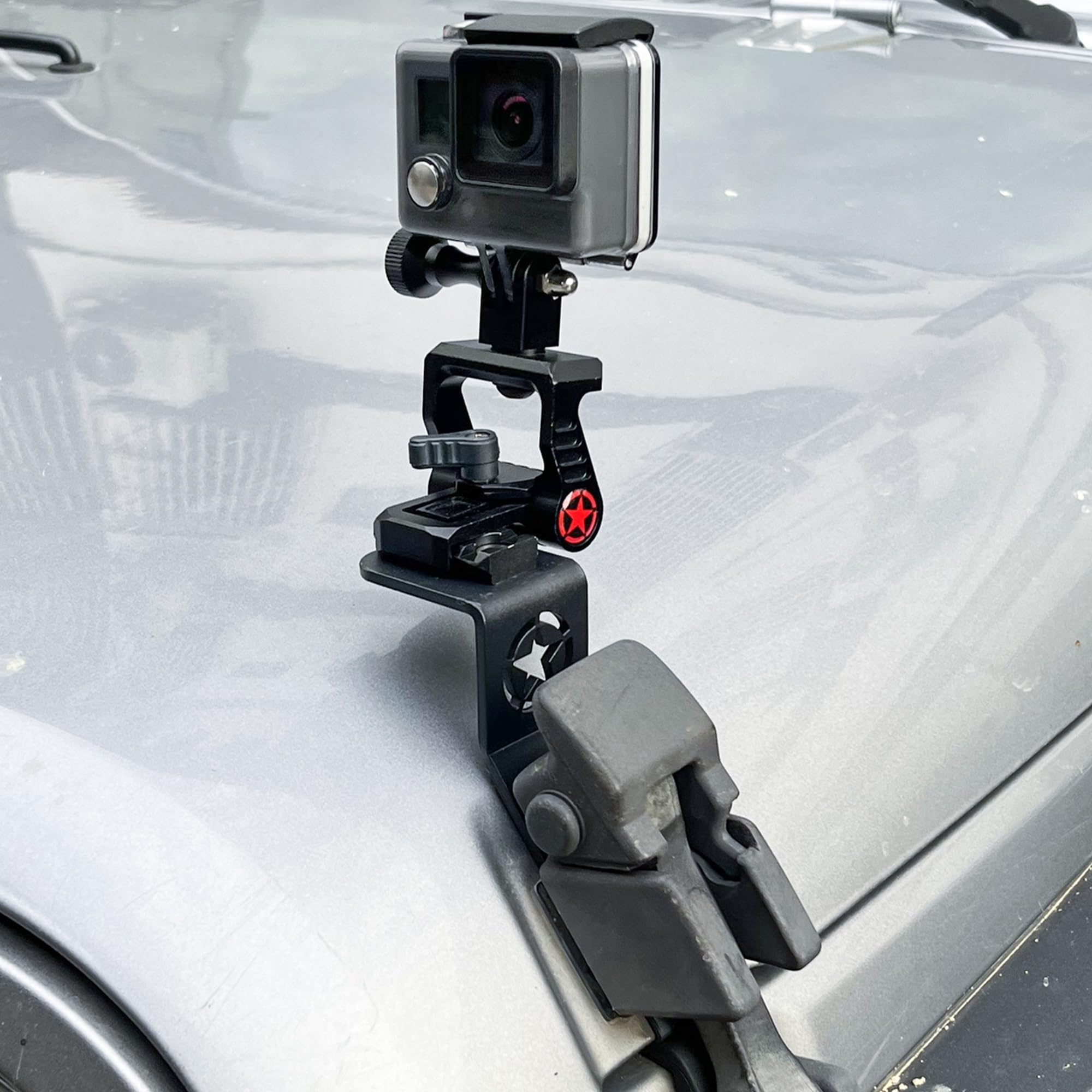 for GoPro Action Camera Mount Holder for 2007-2018 Jeep Wrangler JK Unlimited 2 Door 4 Door Accessories Hood Latch Mounting 360° Adjustable Aluminum Black with Red Star Rail Stand