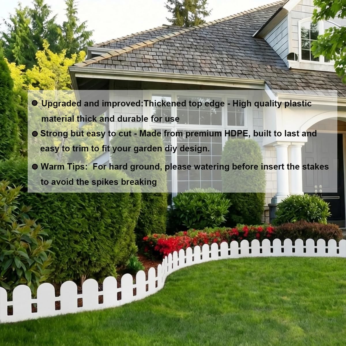 Landscape Edging Borders 5.5IN x 49FT, Garden Edging Border with 75pcs Plastic Spikes, Arched Design Flexible Lawn Edging Without Digging, Landscaping DIY for Tree Flowerbeds Grass Yard -White