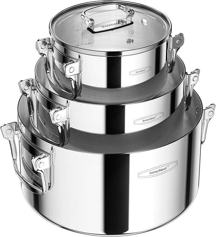 Stainless Steel Pot Set, 6-Piece Stackable Stock Pots with Glass Lids | 3-ply stainless steel stock pot set with foldable handles, induction-ready base, and 1.7, 3.9 & 7.2 qt capacities.
