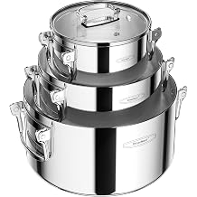 3-Ply Stainless Steel Stock Pot Set with Glass Lids Space-Saving Stackable Trio Stockpot, Collapsible Handles, 18/10 Stainless Steel, Induction Ready 1.7/3.9/7.2 qt
