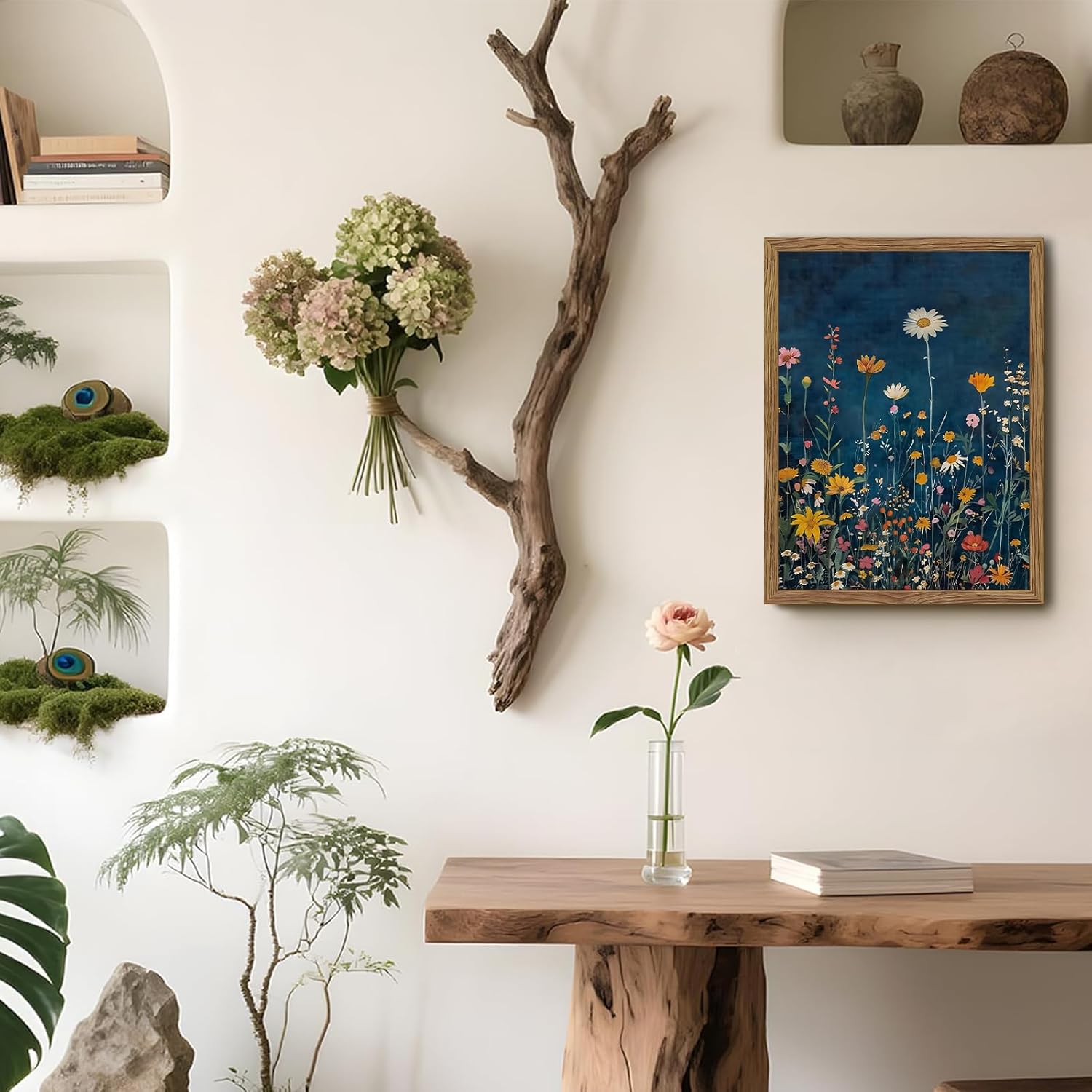 Vintage Spring Wildflower Wall Art, Dark Blue Floral Pictures Wall Decor, Moody Botanical Prints, Cottagecore Colorful Flower Painting, Neutral Artwork for Gallery Living Room Framed 12x16 Inch