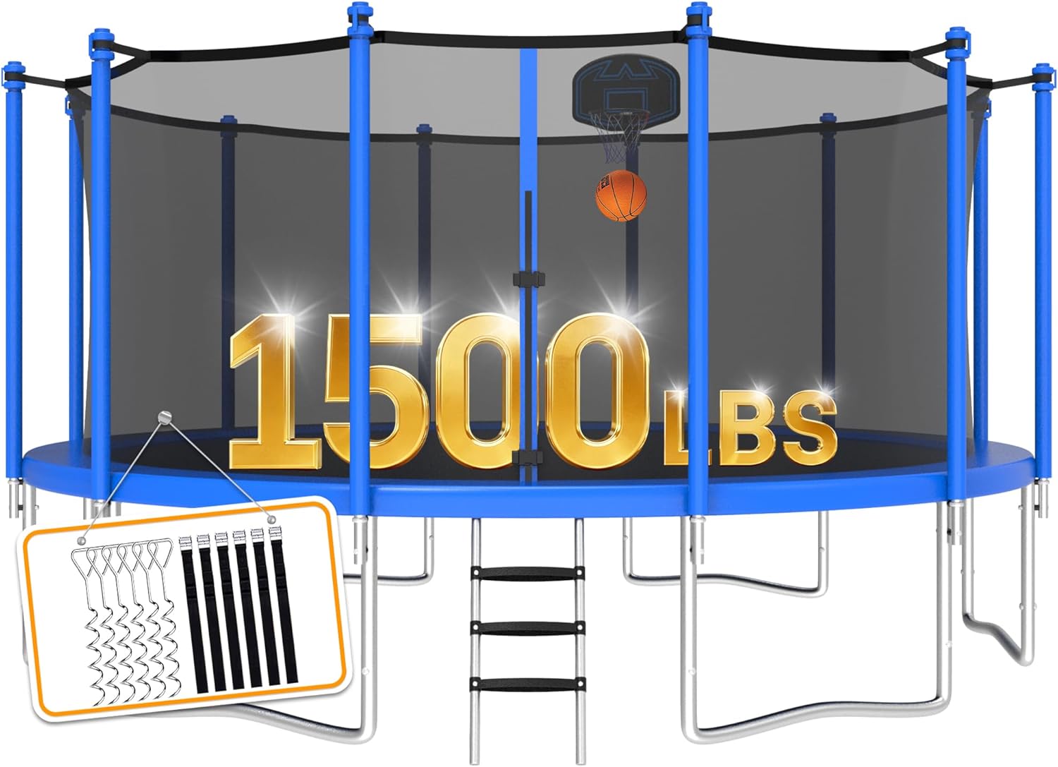 1500LBS 8 10 12 14 15 16 FT Tranpoline for Adults/Kids with Safety Enclosure Net, Basketball Hoop, Ball, Wind Stakes and Ladder, Heavy Duty Outdoor Recreational Tranpolines for Family